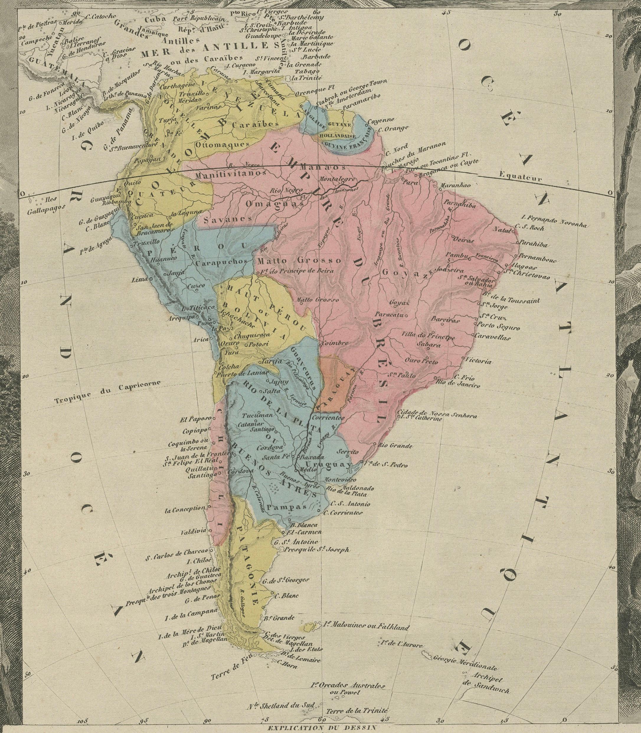 Antique Map South America, Levasseur, Decorative Original Hand Colored, c.1845