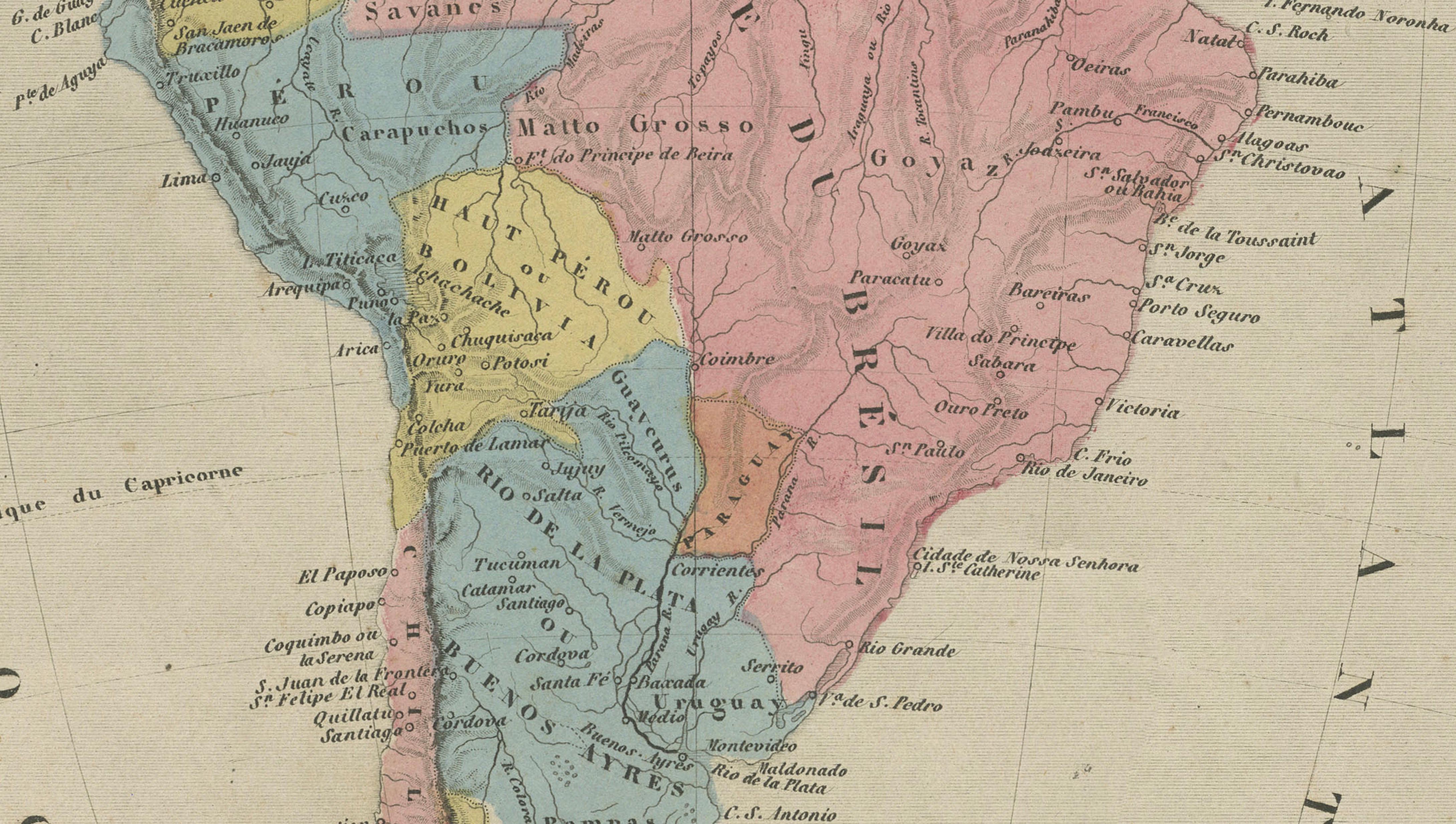 Antique Map South America, Levasseur, Decorative Original Hand Colored, c.1845
