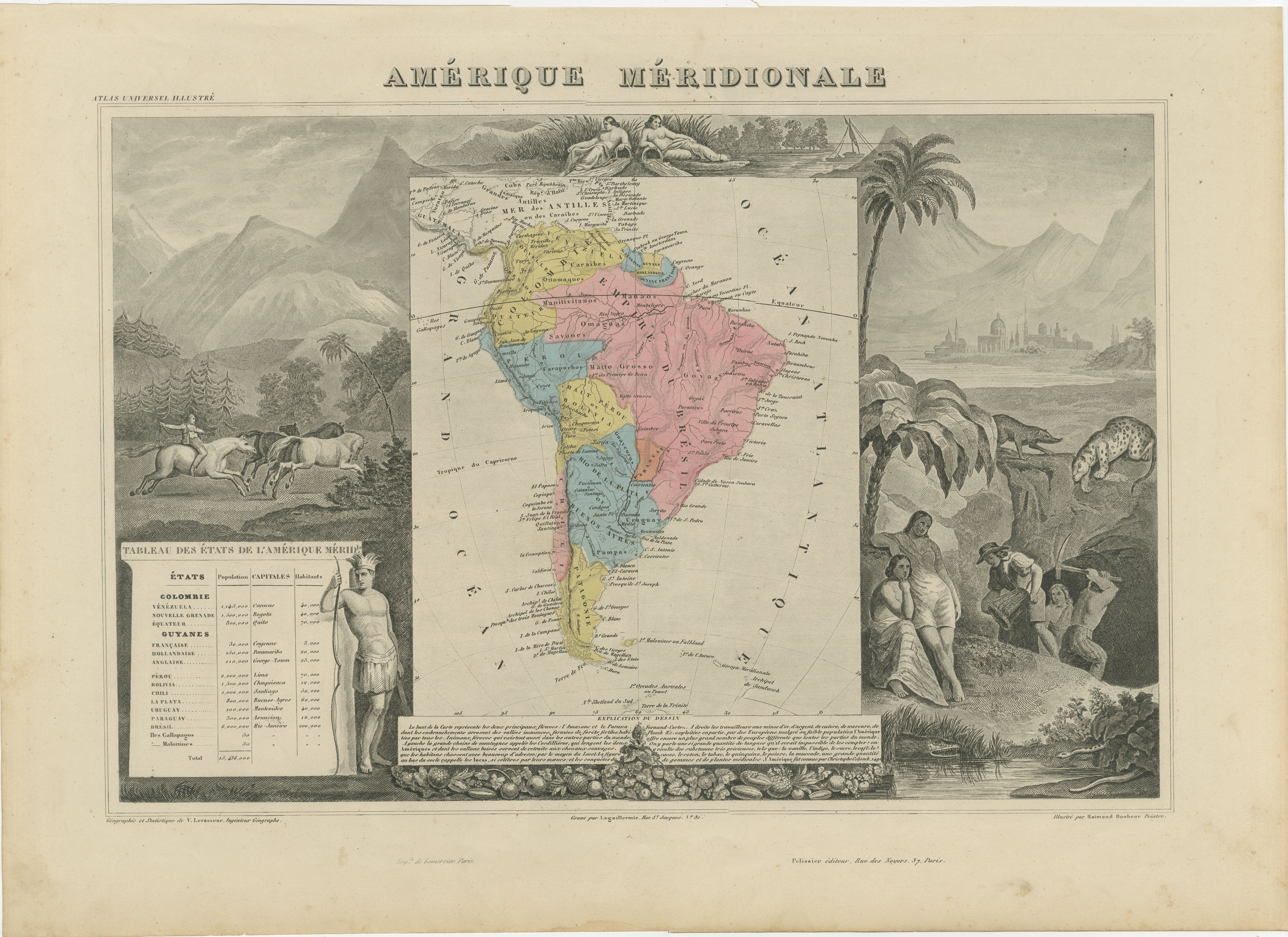 Antique Map South America, Levasseur, Decorative Original Hand Colored, c.1845