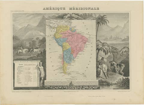 Antique Map South America, Levasseur, Decorative Original Hand Colored, c.1845