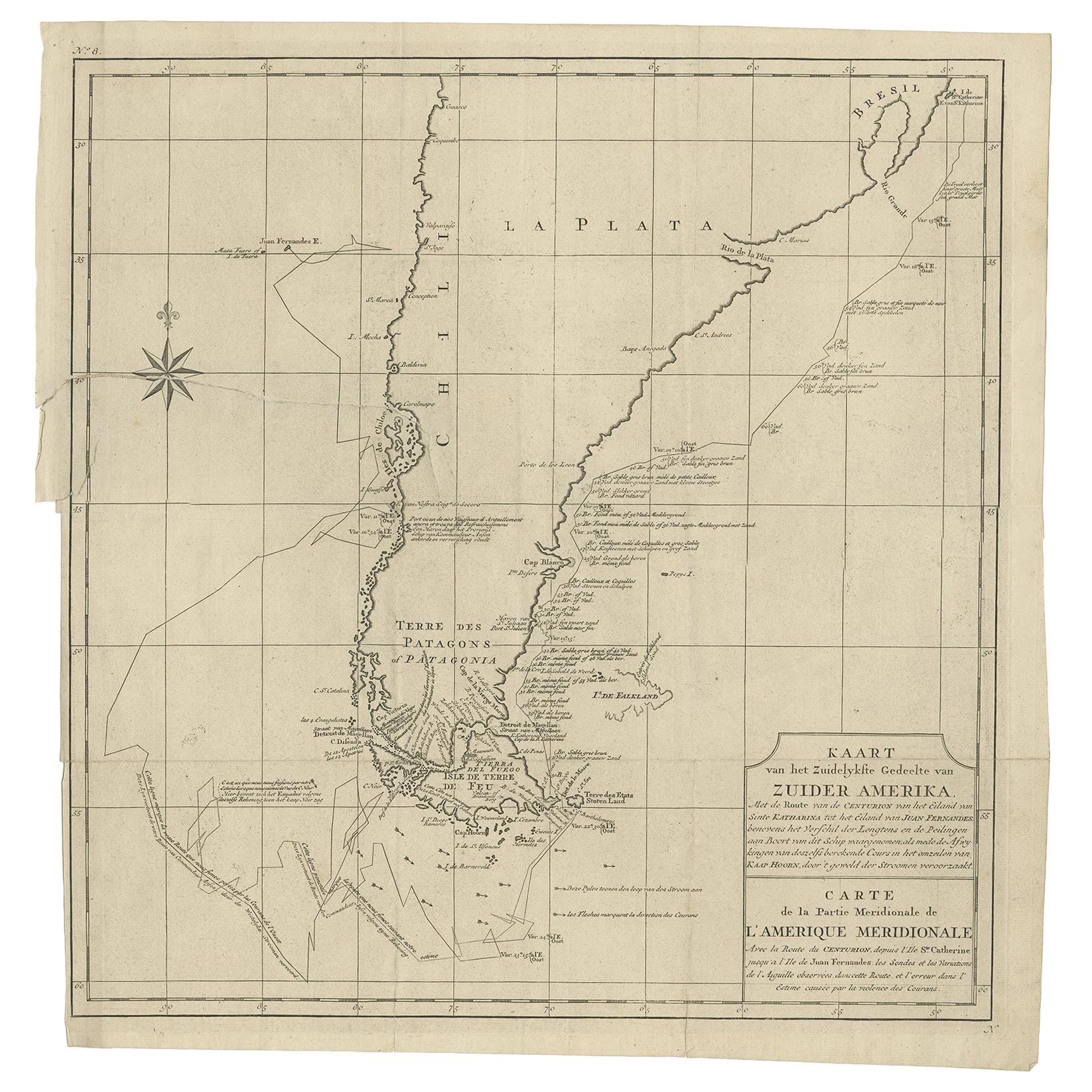 Antique Map of South America by G. Anson, 1749 For Sale