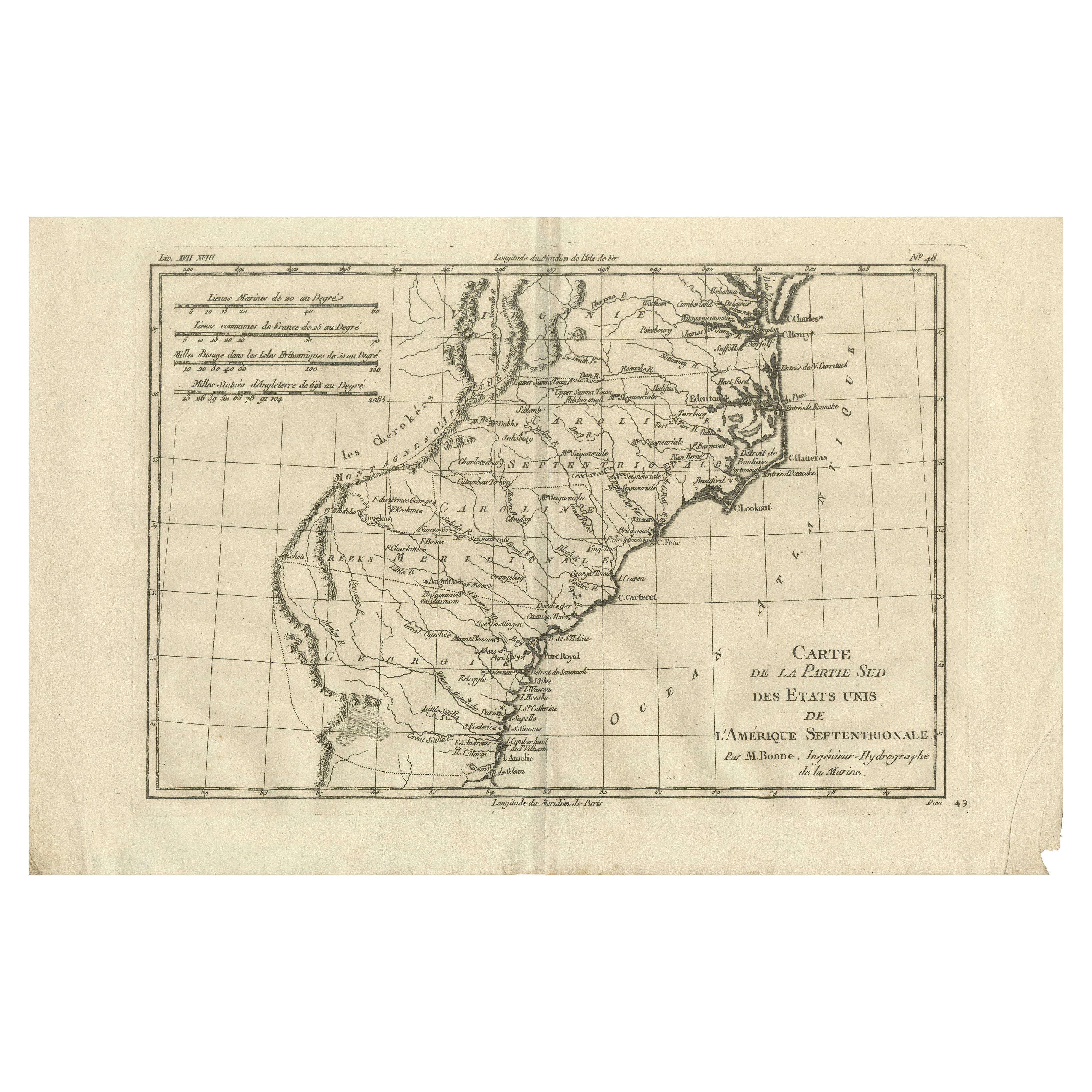 Antique Map Southern United States — Carolina & Georgia, Bonne c.1780