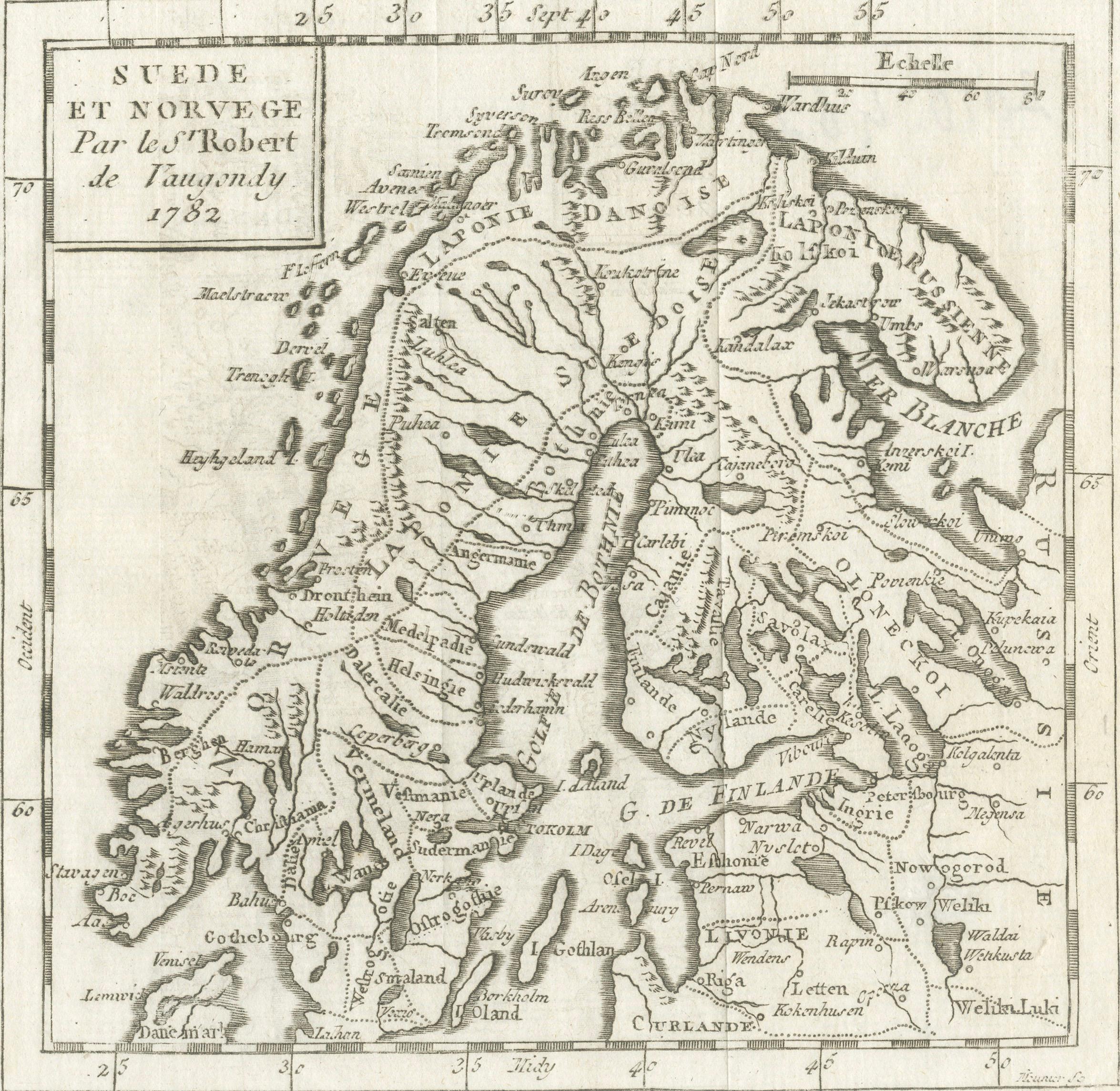 Antique Map Sweden and Norway, Scandinavia, Robert de Vaugondy, 1782