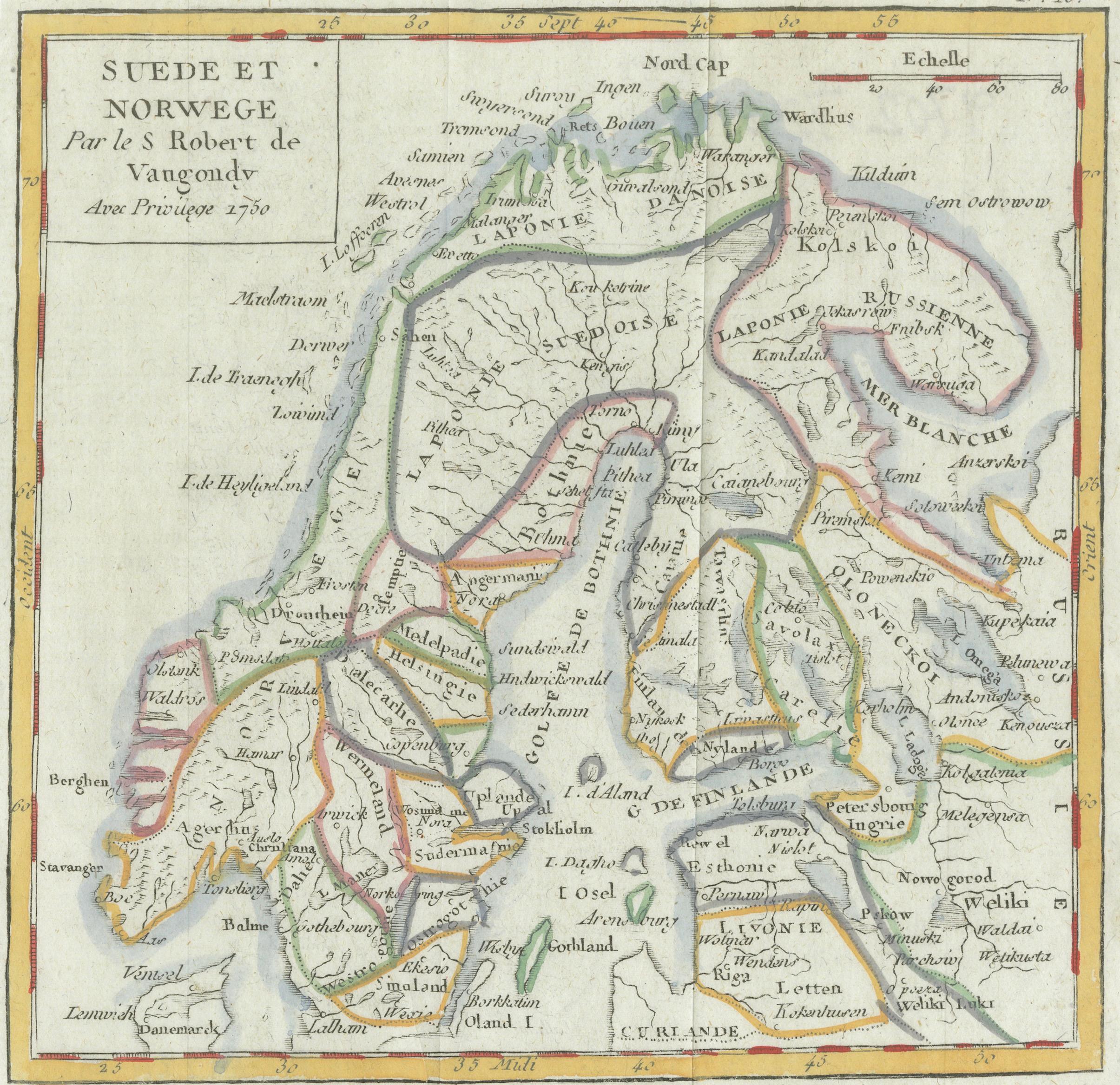 Antique Map Sweden & Norway, Scandinavia, Robert de Vaugondy, 1750