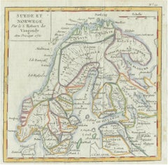 Mapa antiguo Suecia y Noruega, Escandinavia, Robert de Vaugondy, 1750