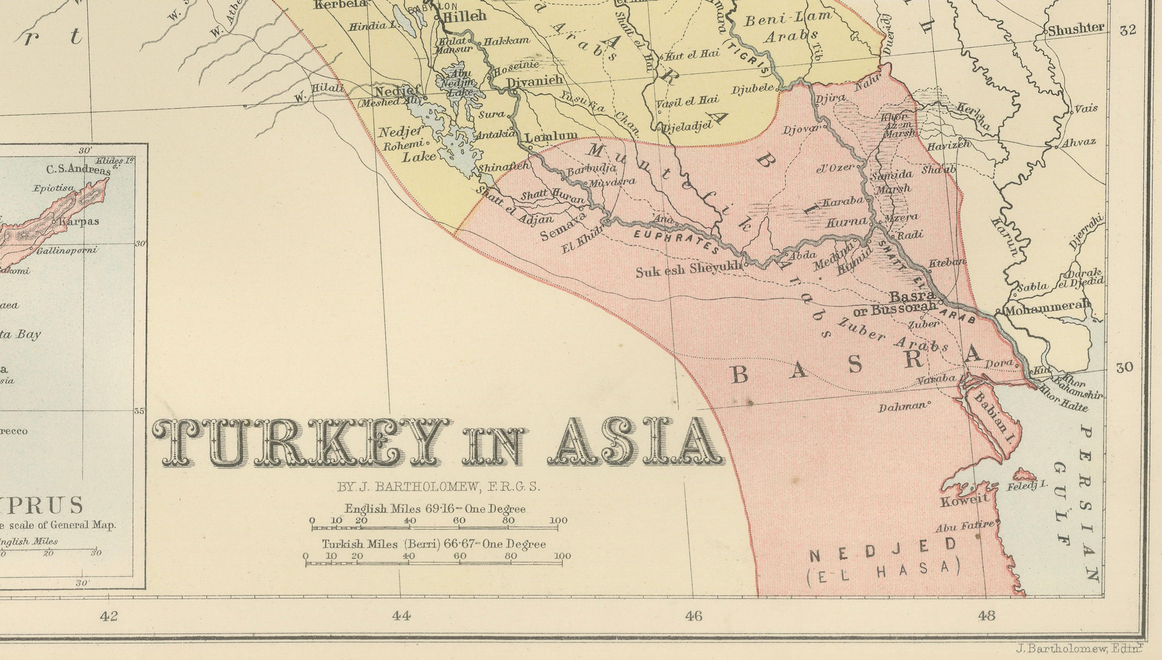 Antique Map Turkey in Asia, Ottoman Empire Anatolia Syria Iraq Black, 1884