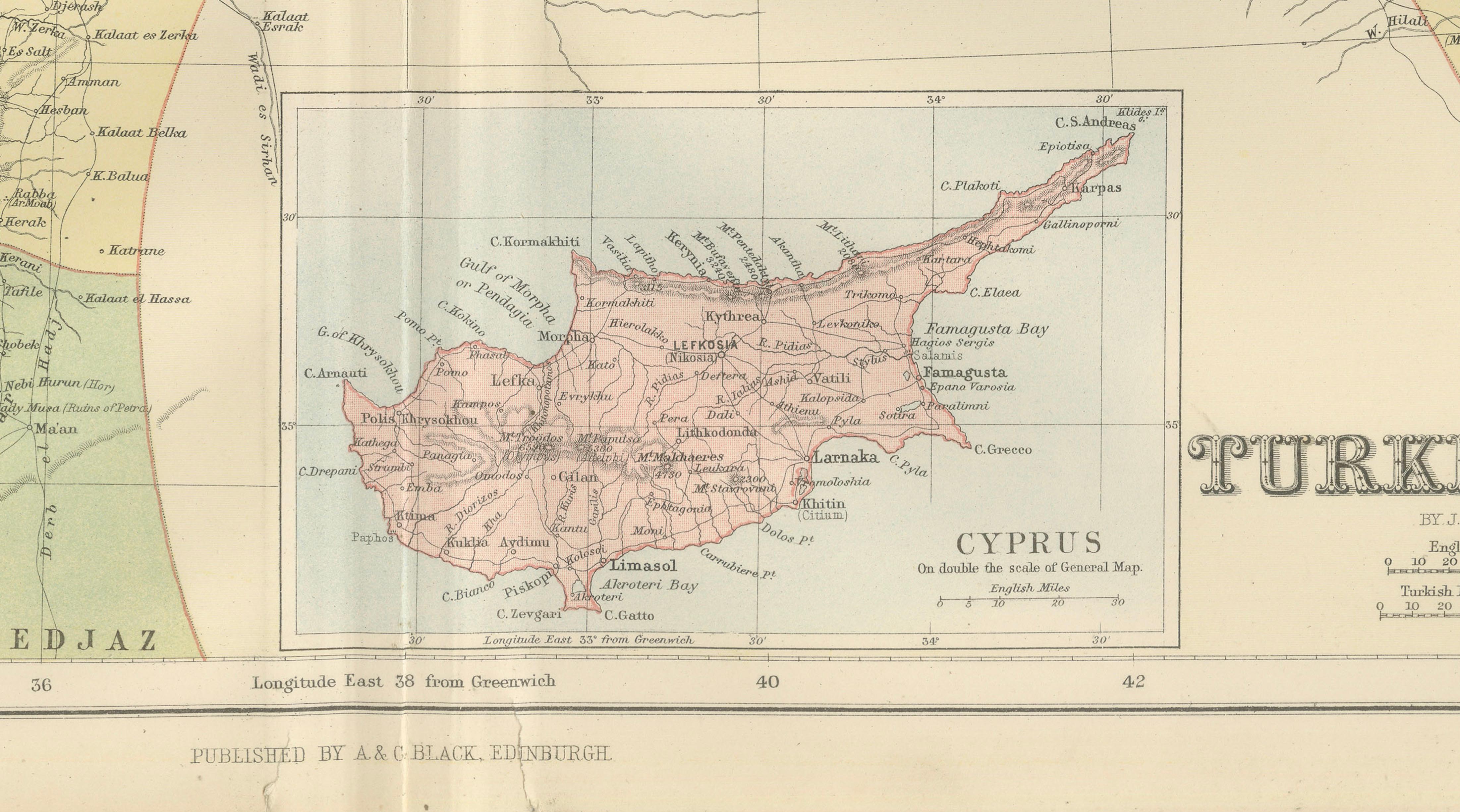 Antique Map Turkey in Asia, Ottoman Empire Anatolia Syria Iraq Black, 1884