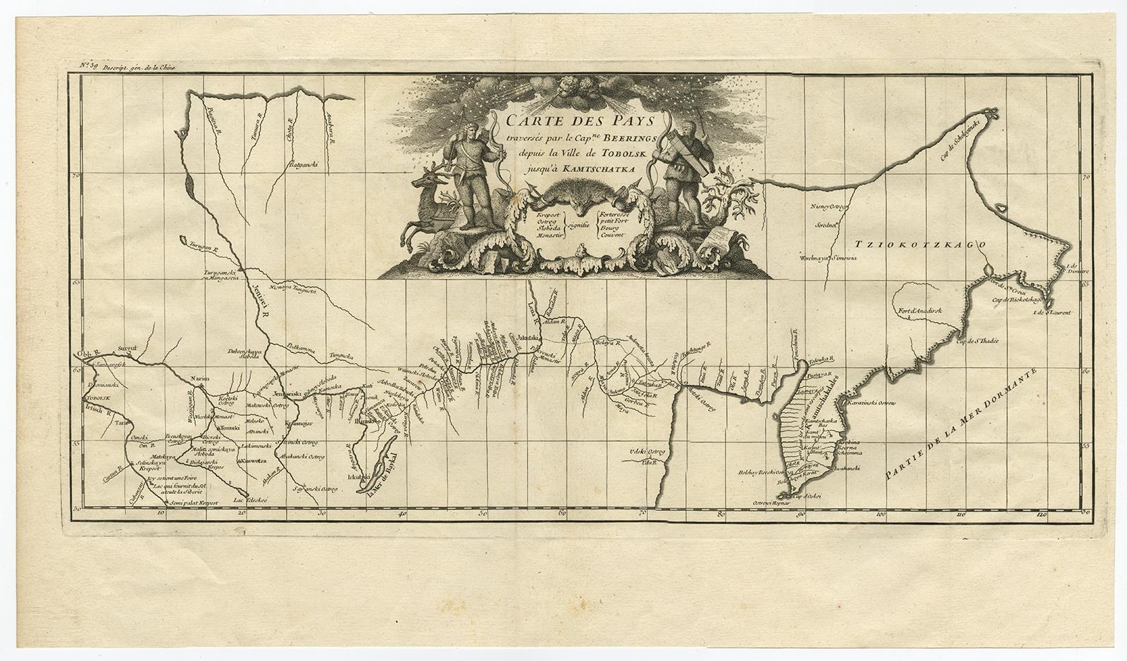Antique map titled 'Carte Des Pays traverses par le Capne. Beerings depuis la Ville de Tobolsk jusqua'a Kamtschatka'. 

This is the first printed map to illustrate Vitus Bering's first voyage, representing the first broadly accurate cartography of