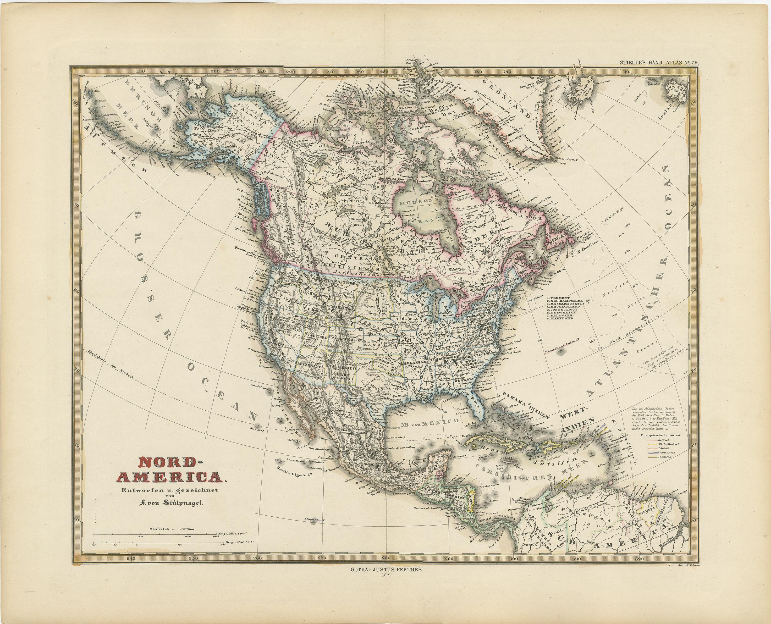 Original antique map titled 'Nord-America'. Old map of North America and the West Indies. 

This map originates from Stielers Handatlas, published circa 1879. Stielers Handatlas (after Adolf Stieler, 1775–1836), formally titled Hand-Atlas über