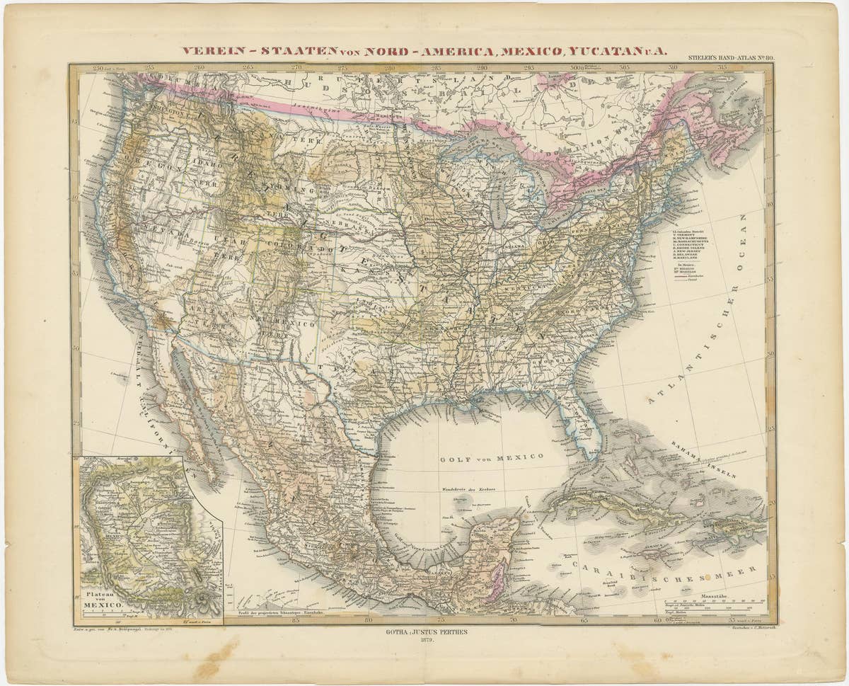 Antique Map with Hand Coloring of the United States and the Caribbean