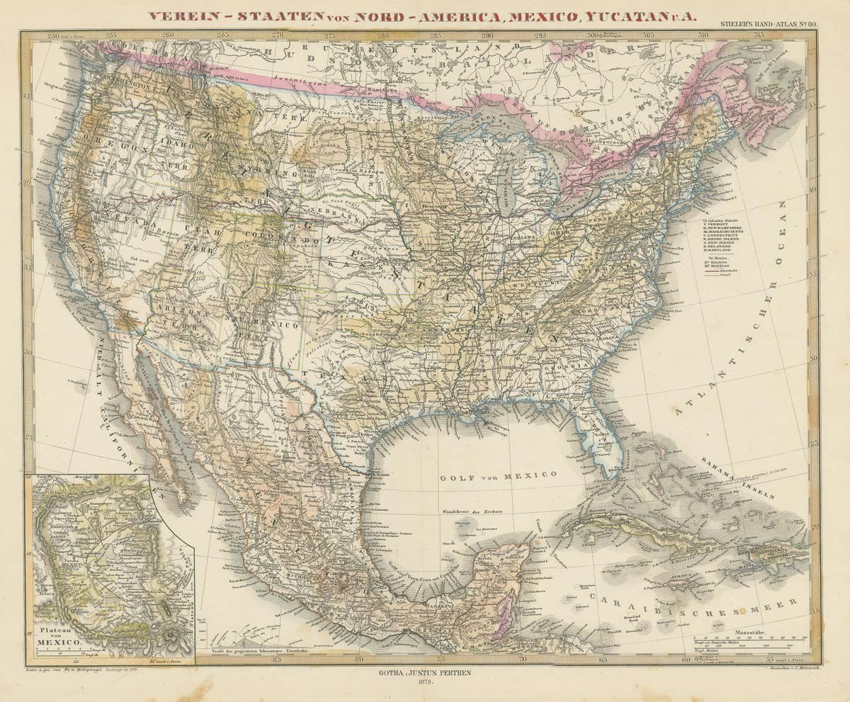 Antique Map with Hand Coloring of the United States and the Caribbean