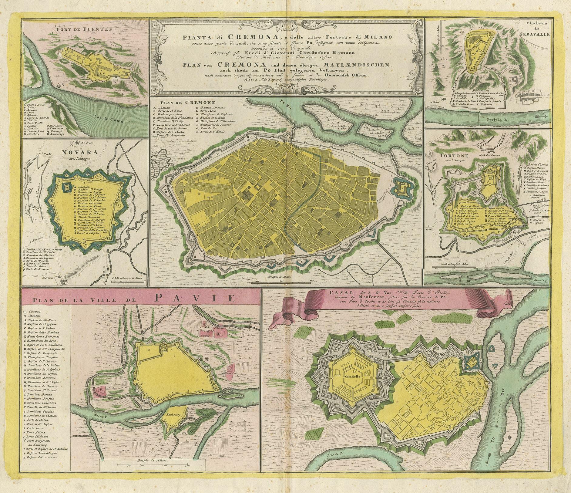 Antique map titled 'Plan von Cremona und denen übrigen Maylaendischen (..)'. Original antique map showing plans of Cremona, Pavia, Casale Montferrato, Fort de Fuentes, Novara, Seravalle and Tortone. Published by J.B. Homann, 1734.