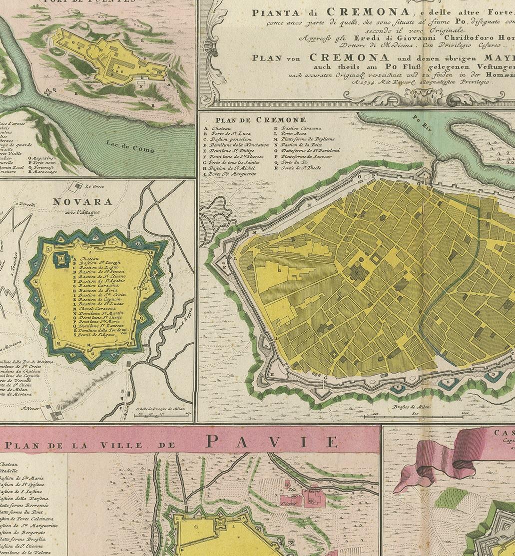 Mapa antiguo con planos de Cremona, Pavía, Montferrato y otros, por Homann, 