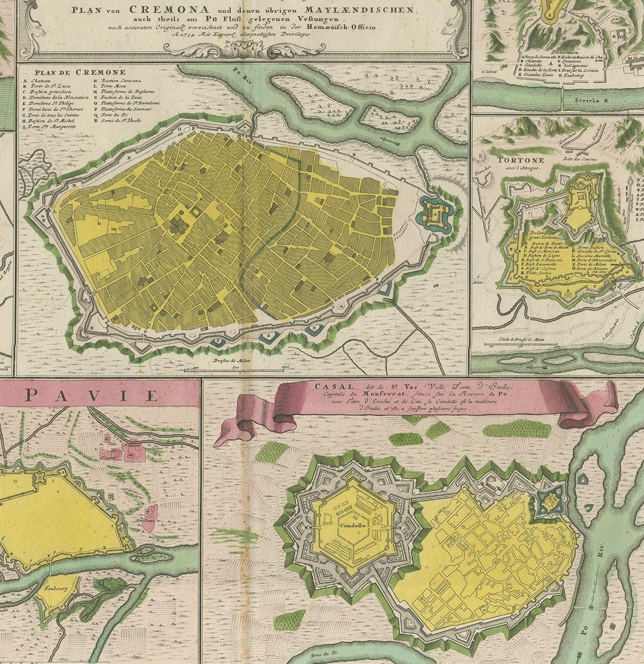 Mapa antiguo con planos de Cremona, Pavía, Montferrato y otros, por Homann, 