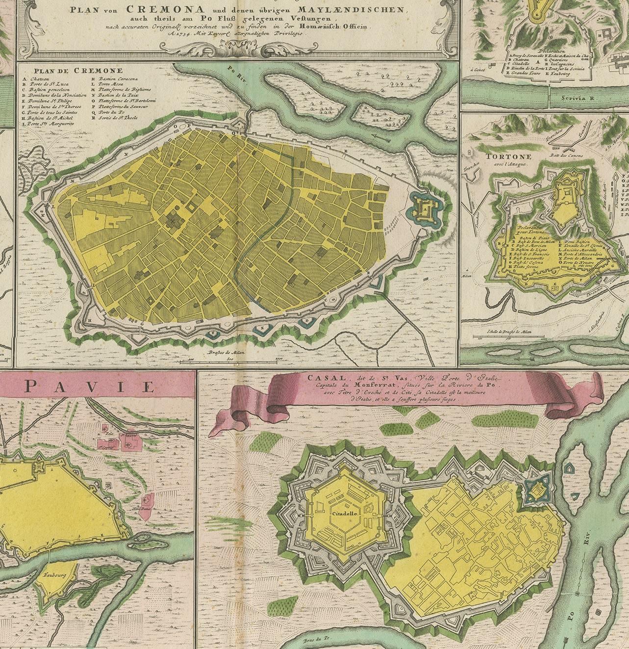 Antique Map with Plans of Cremona, Pavia, Montferrato & Others by Homann, '1734' In Fair Condition For Sale In Langweer, NL