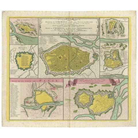 Antique Map with Plans of Cremona, Pavia, Montferrato & Others by Homann, '1734'