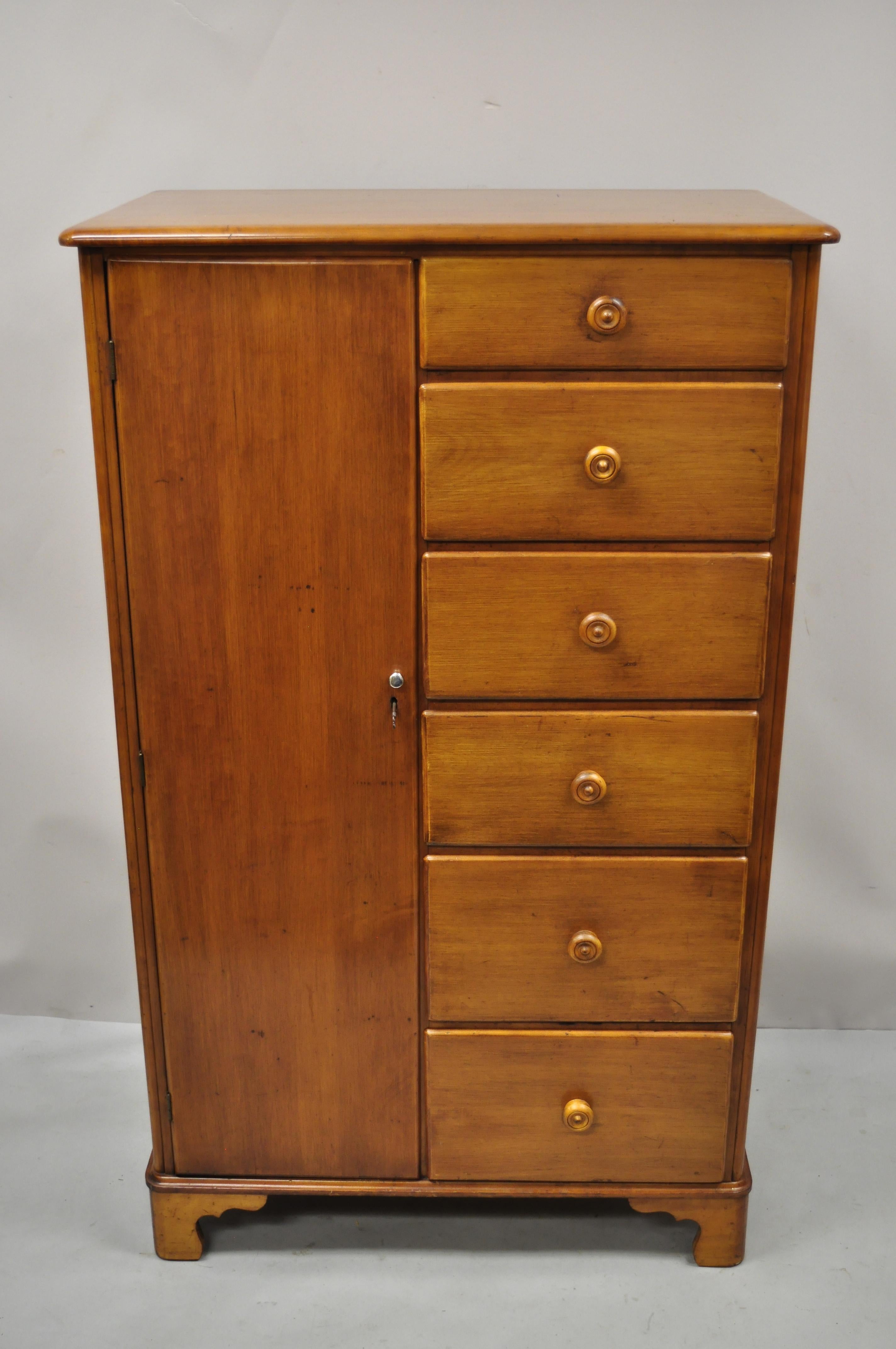 Antique Maple Wood Colonial Wardrobe Tall Chest Dresser 6 Drawers Cedar Cabinet 4