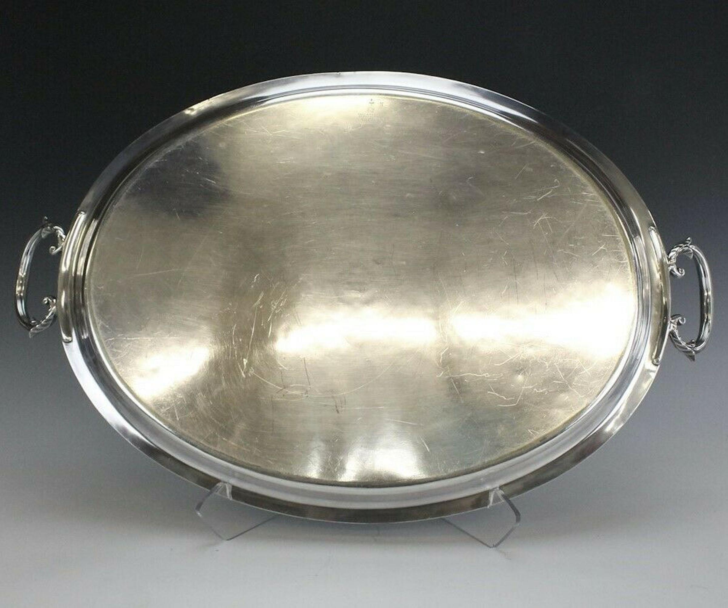 English Antique Mappin Brothers Regency Style Silverplated Oval Handled Tray