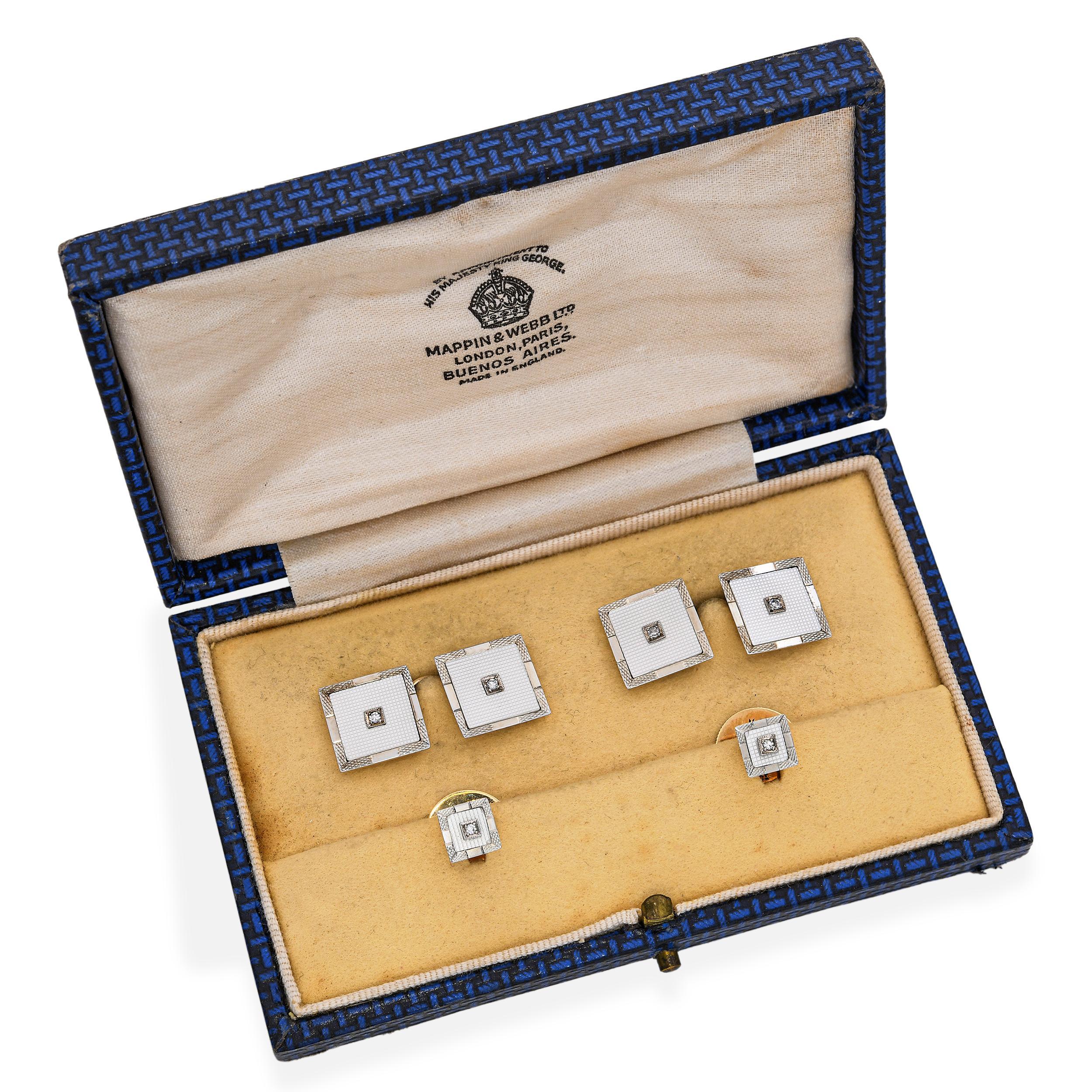 Antike Mappin & Webb 9k Gelbgold und 14k Weißgold Diamant Manschettenknöpfe Set im Zustand „Gut“ im Angebot in New York, NY