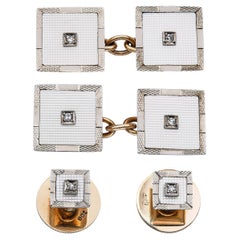 Antico set di gemelli in oro giallo Mappin & Webb 9k e oro bianco 14k con diamanti