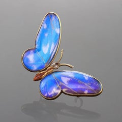 Antique Mappin & Webb London Diamond Feather Enamel and Gold Butterfly Brooch