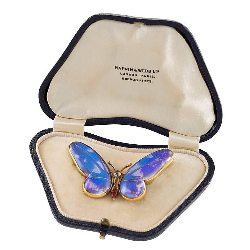 Antique Mappin & Webb London Diamond Feather Enamel and Gold Butterfly Brooch In Excellent Condition In New York, NY
