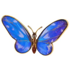 Antique Mappin & Webb London Diamond Feather Enamel and Gold Butterfly Brooch
