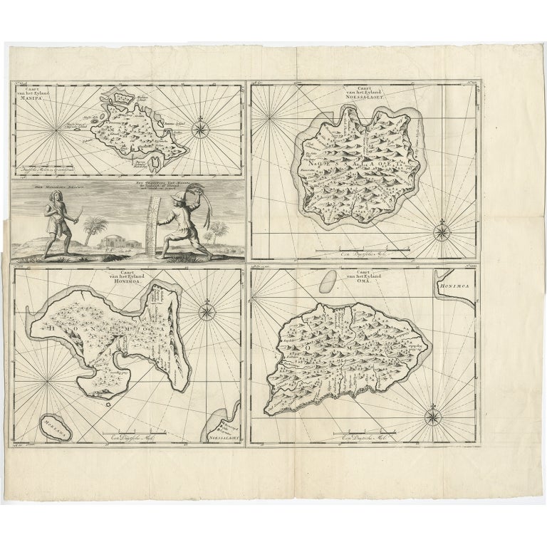 Antique map titled 'Caart van het Eyland Manipa, Noessa-Laoet, Honimoa, Oma. Der Manipesen dracht, een Orangkaya van Manipa.' Four maps of islands and two figures in native dress. The islands are: Manipa, Nusa-Laut (Noessa-Laoet), Saparua (Honimoa)