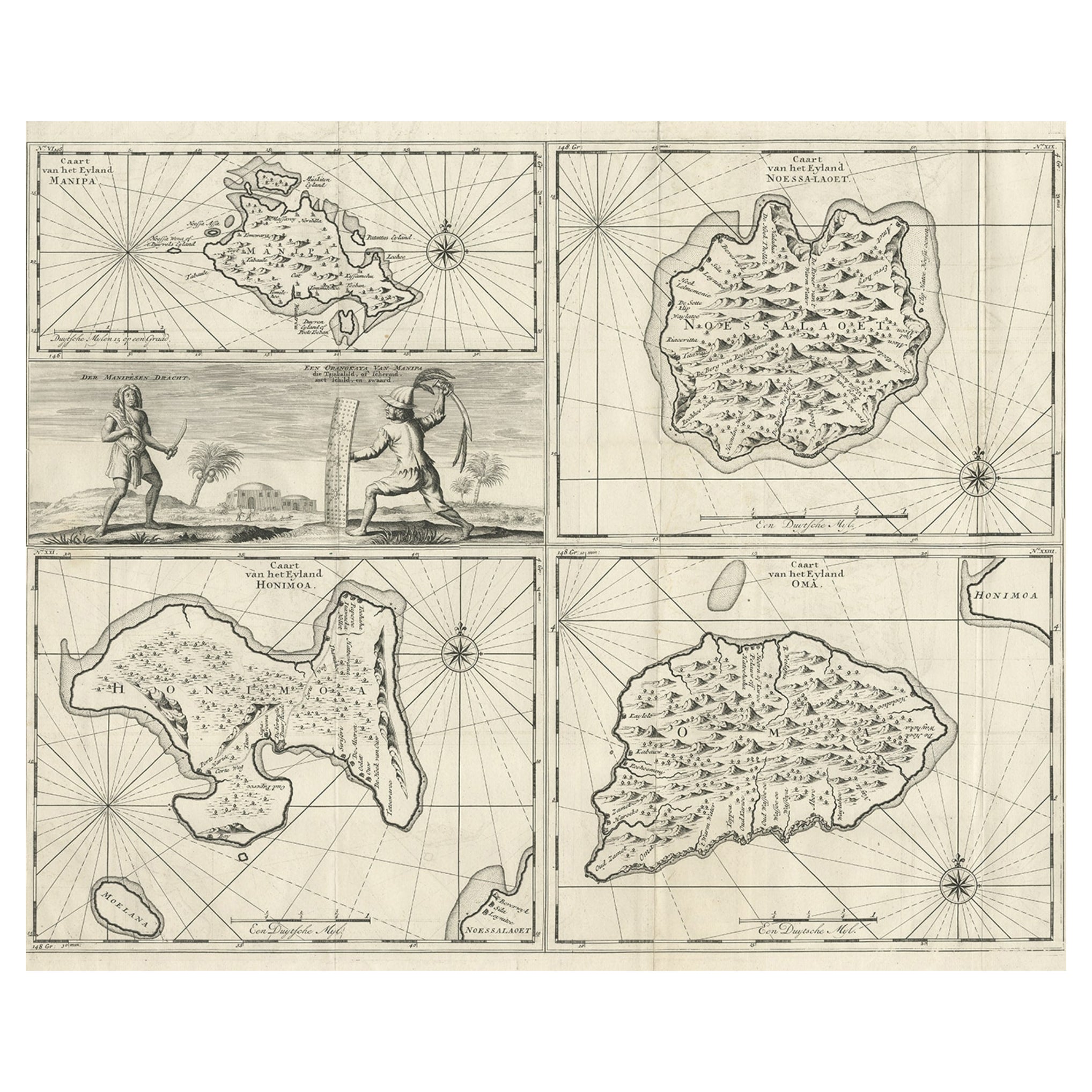 Cartes anciennes de Manipa, Nusa-Laut, Saparua et Haruku à Maluku, Indonésie 1726 en vente