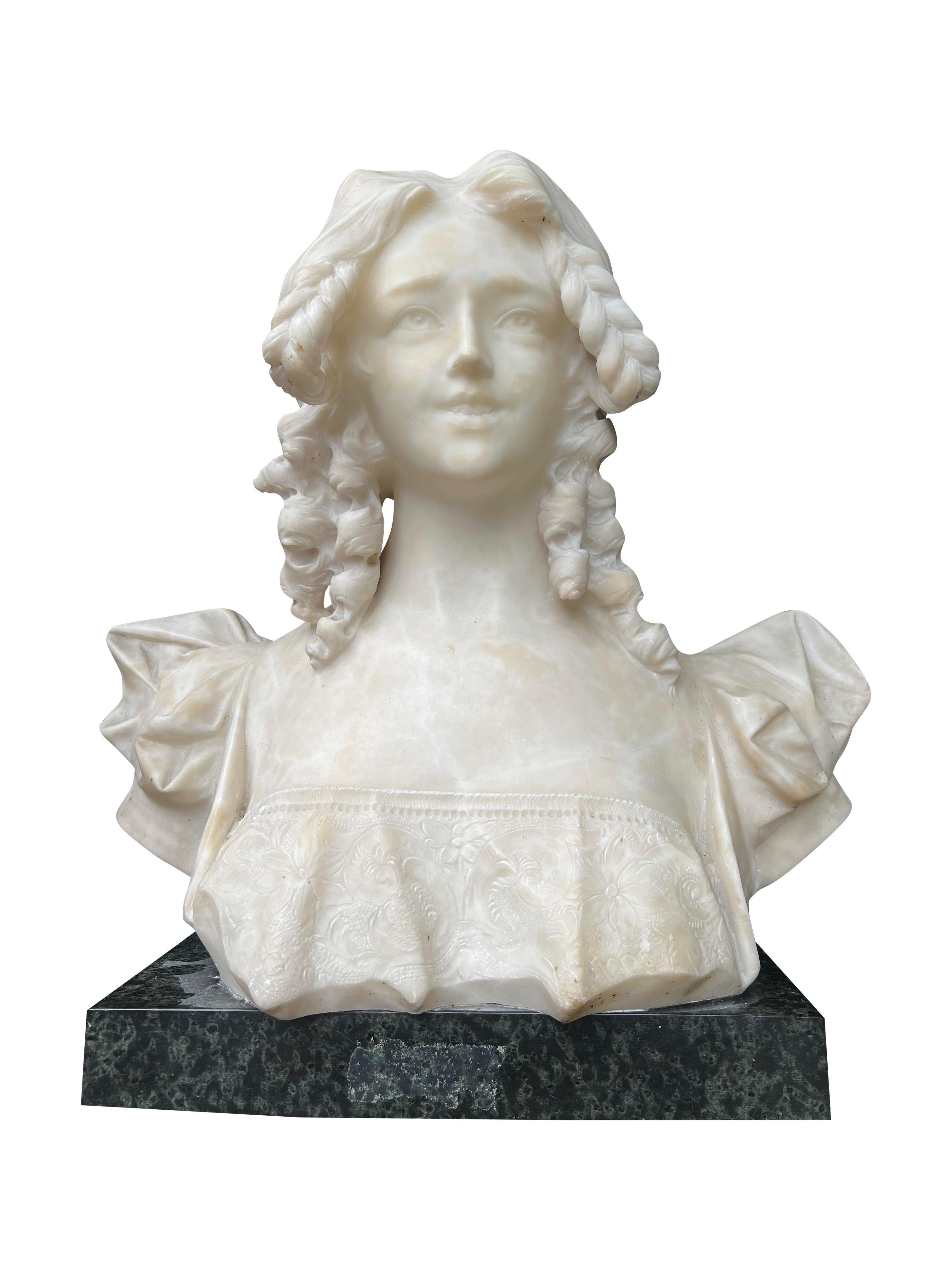 Italian Antique Marble Alabaster Bust Carved Stone Sculpture Woman For Sale