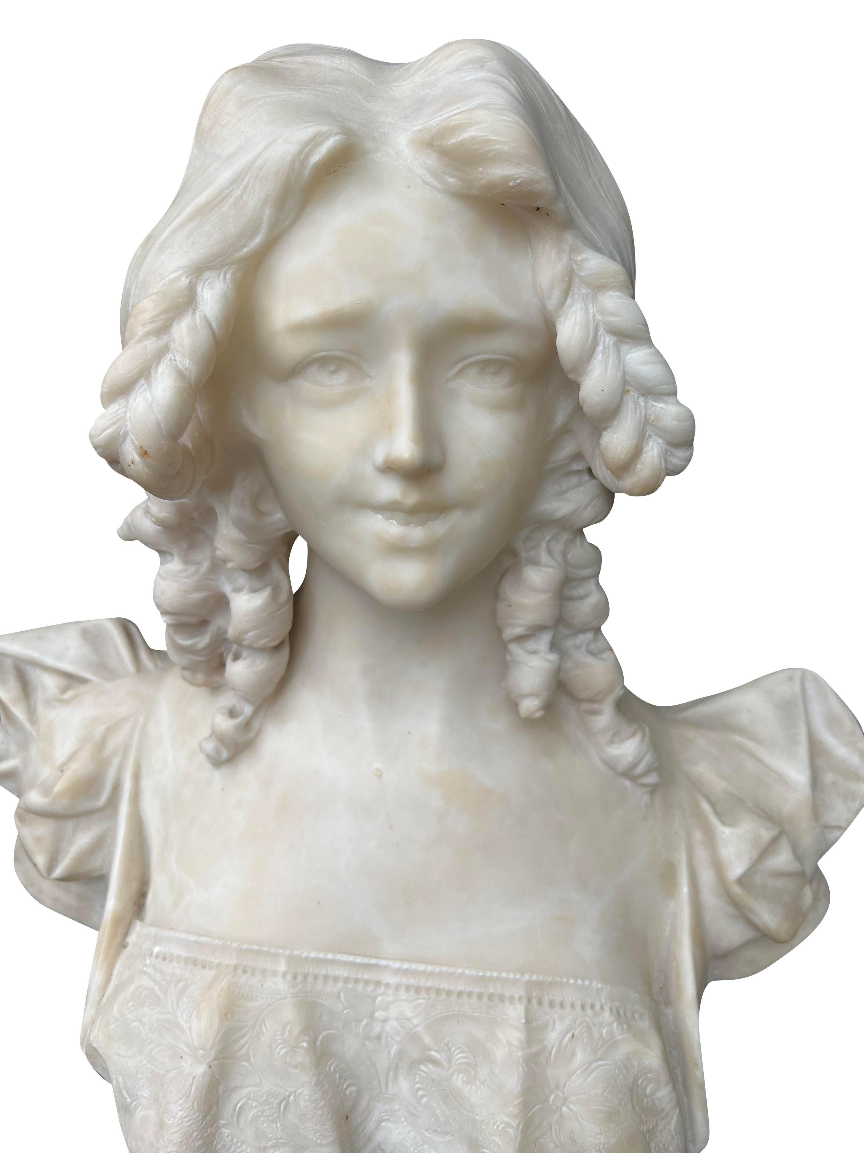 Antique Marble Alabaster Bust Carved Stone Sculpture Woman In Good Condition For Sale In Saddle River, NJ