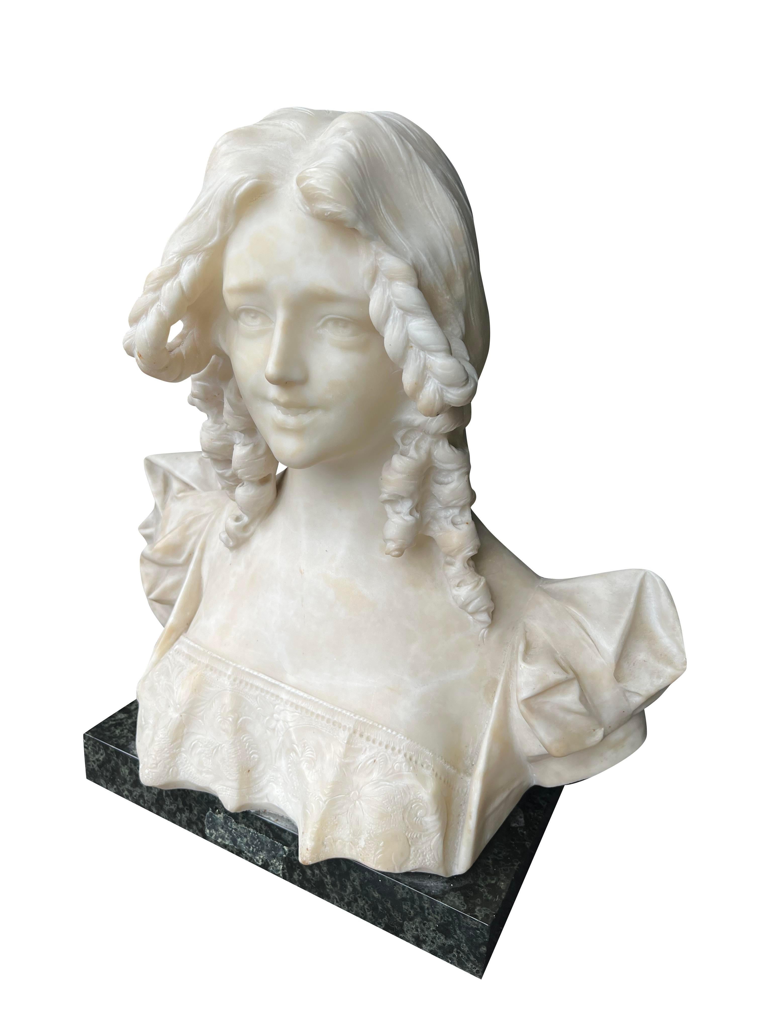 Antique Marble Alabaster Bust Carved Stone Sculpture Woman For Sale 1