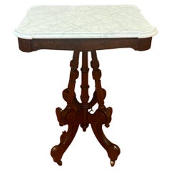 Antique Marble and Carved Mahogany Parlor Table on Casters