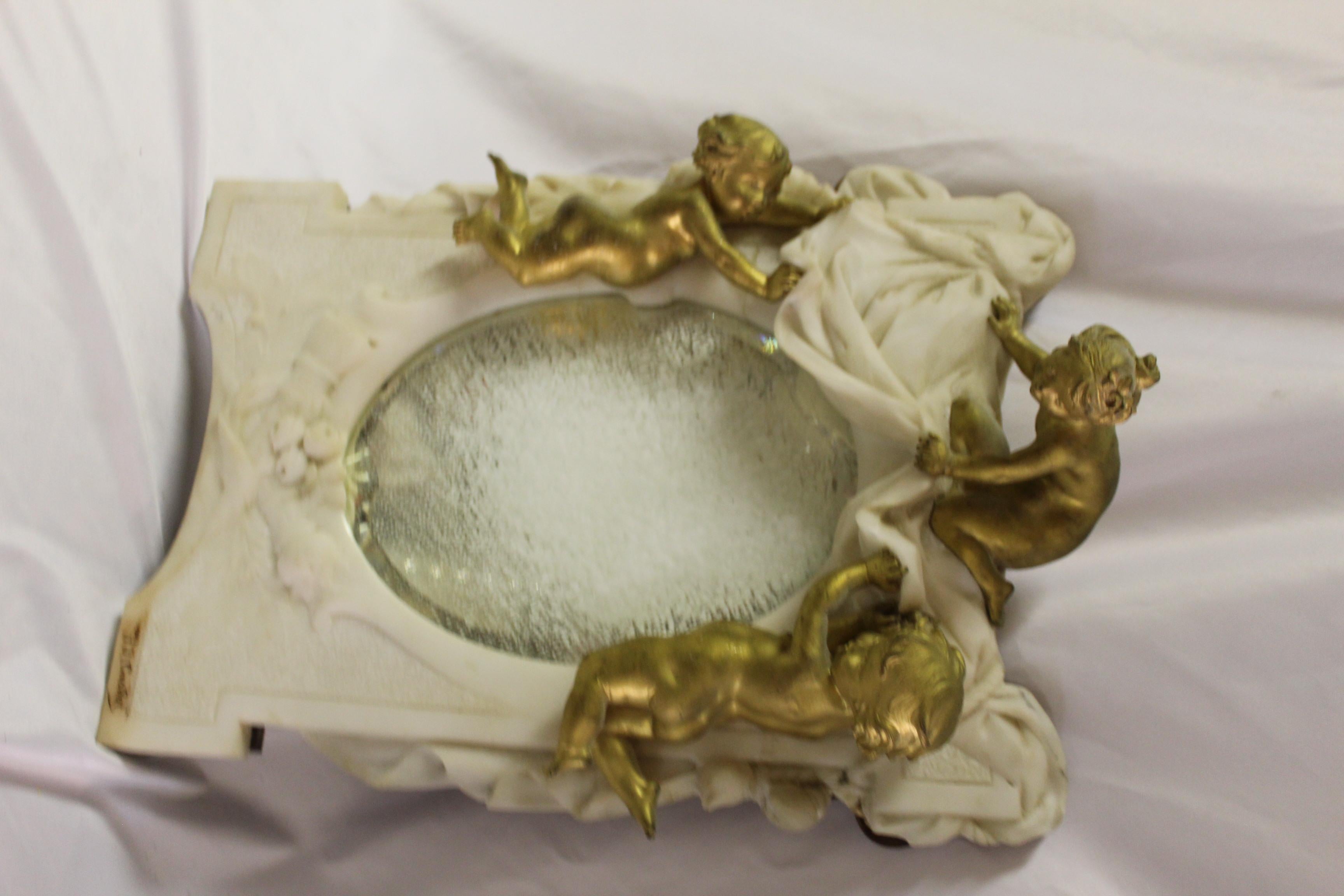 Antique Marble and Cherub Mirror, Doré Gold Finish Signed For Sale 4