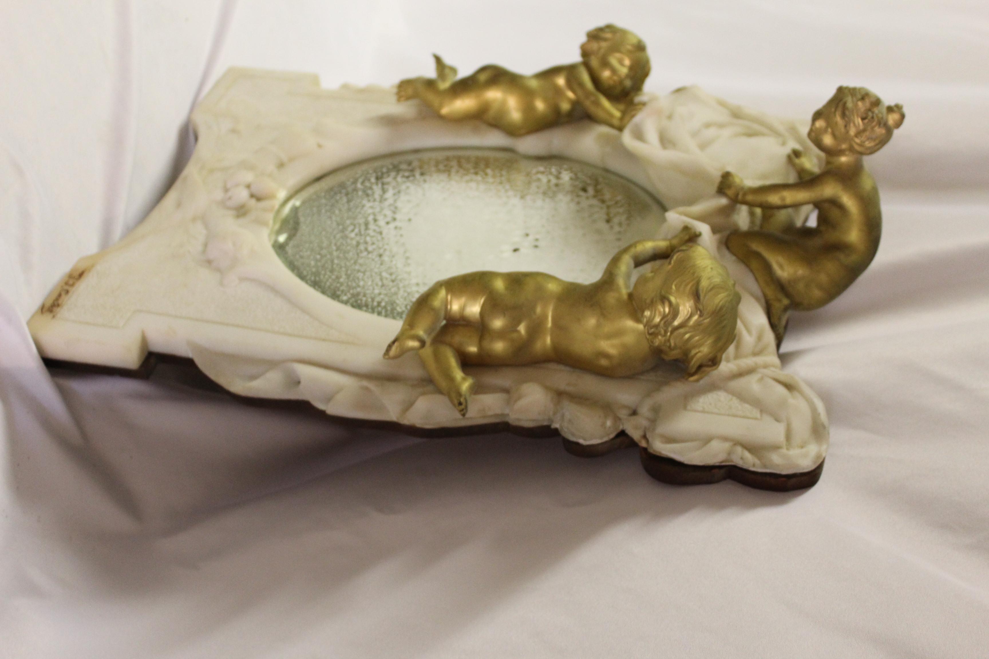 Italian Antique Marble and Cherub Mirror, Doré Gold Finish Signed For Sale