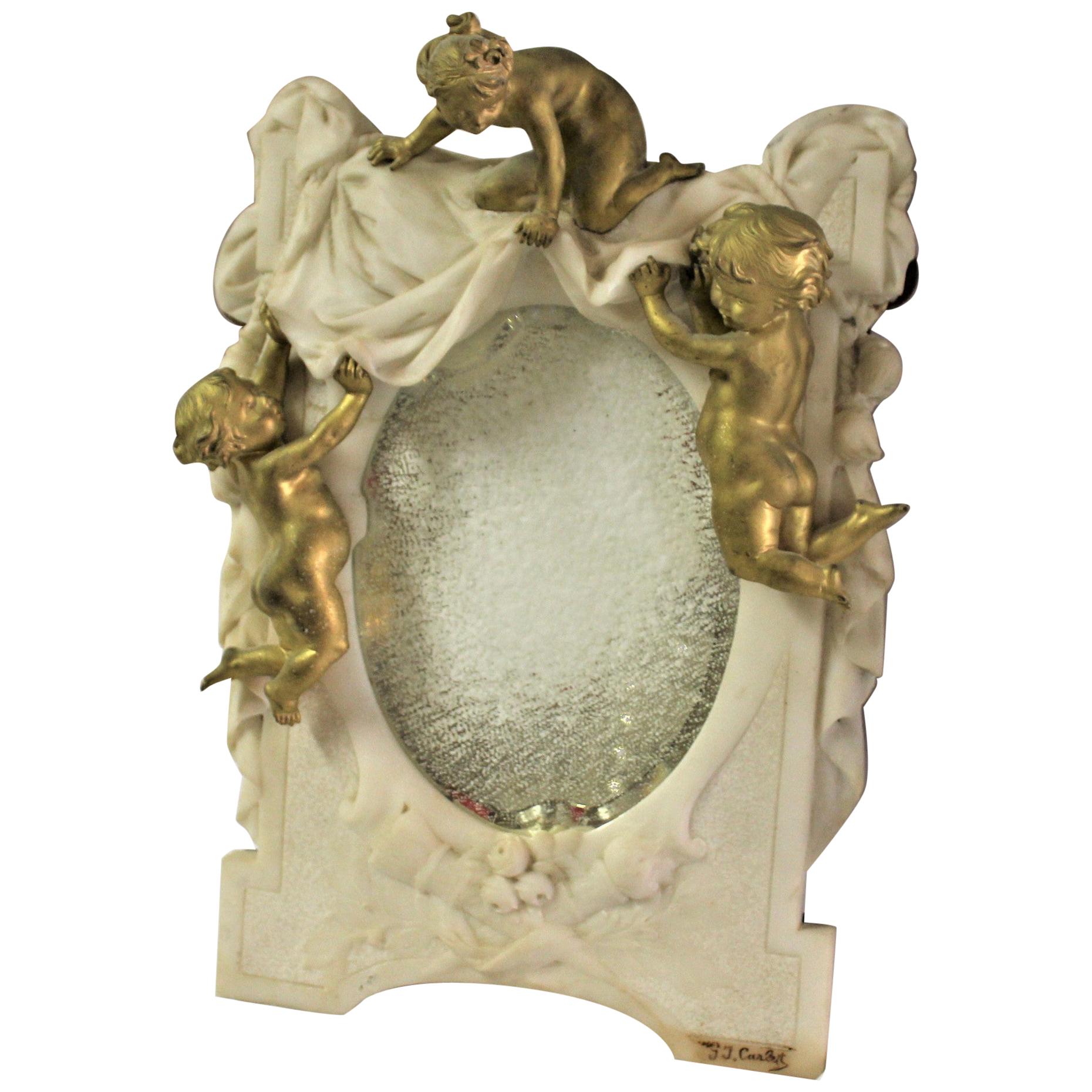 Antique Marble and Cherub Mirror, Doré Gold Finish Signed For Sale