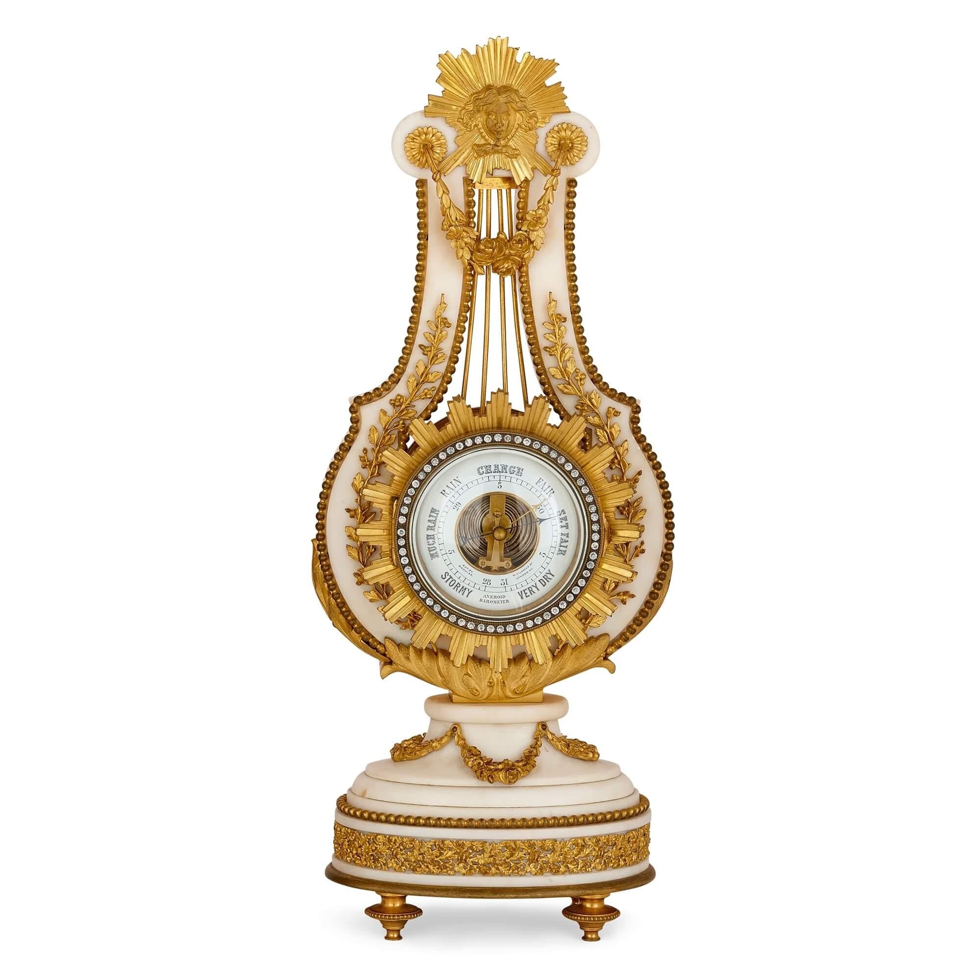 Antike Uhr und Barometer-Set aus Marmor und vergoldeter Bronze  (Neoklassisch) im Angebot