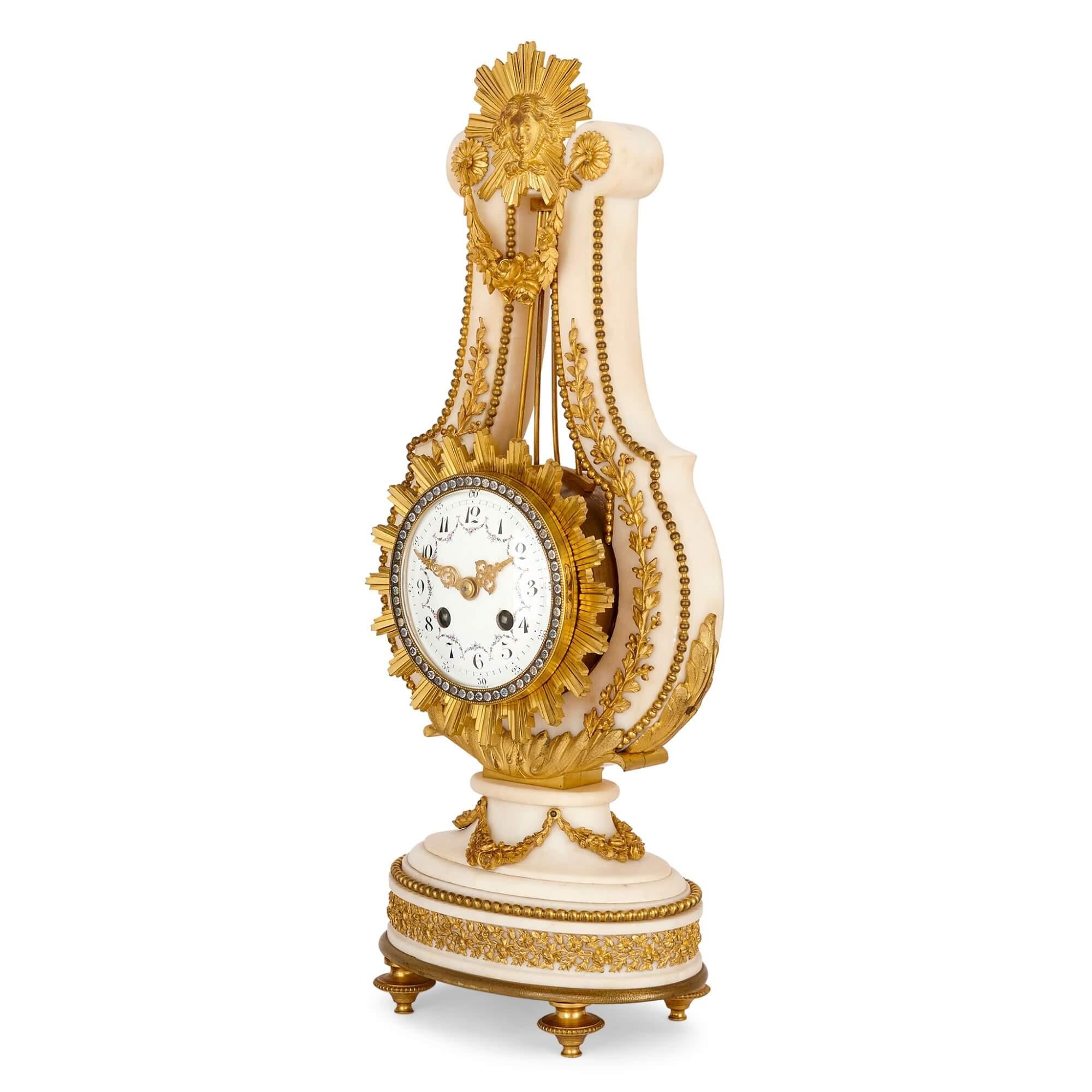 Neoclassical Antique Marble and Gilt Bronze Clock and Barometer Set  For Sale
