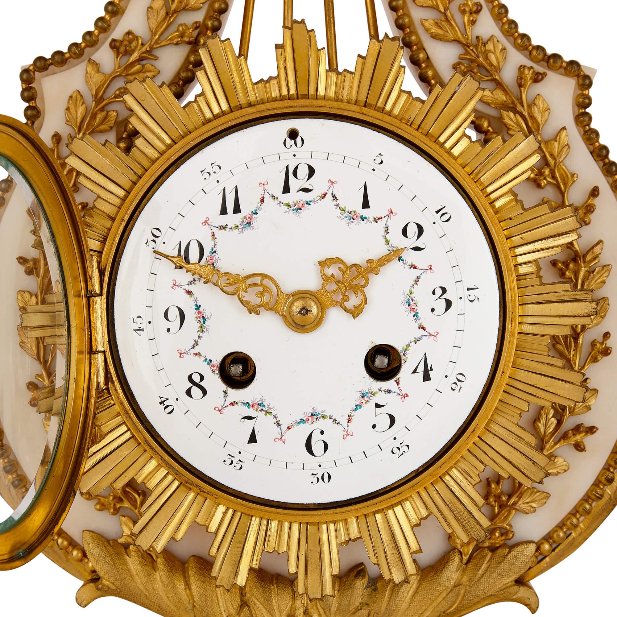 Antike Uhr und Barometer-Set aus Marmor und vergoldeter Bronze  (Handgeschnitzt) im Angebot