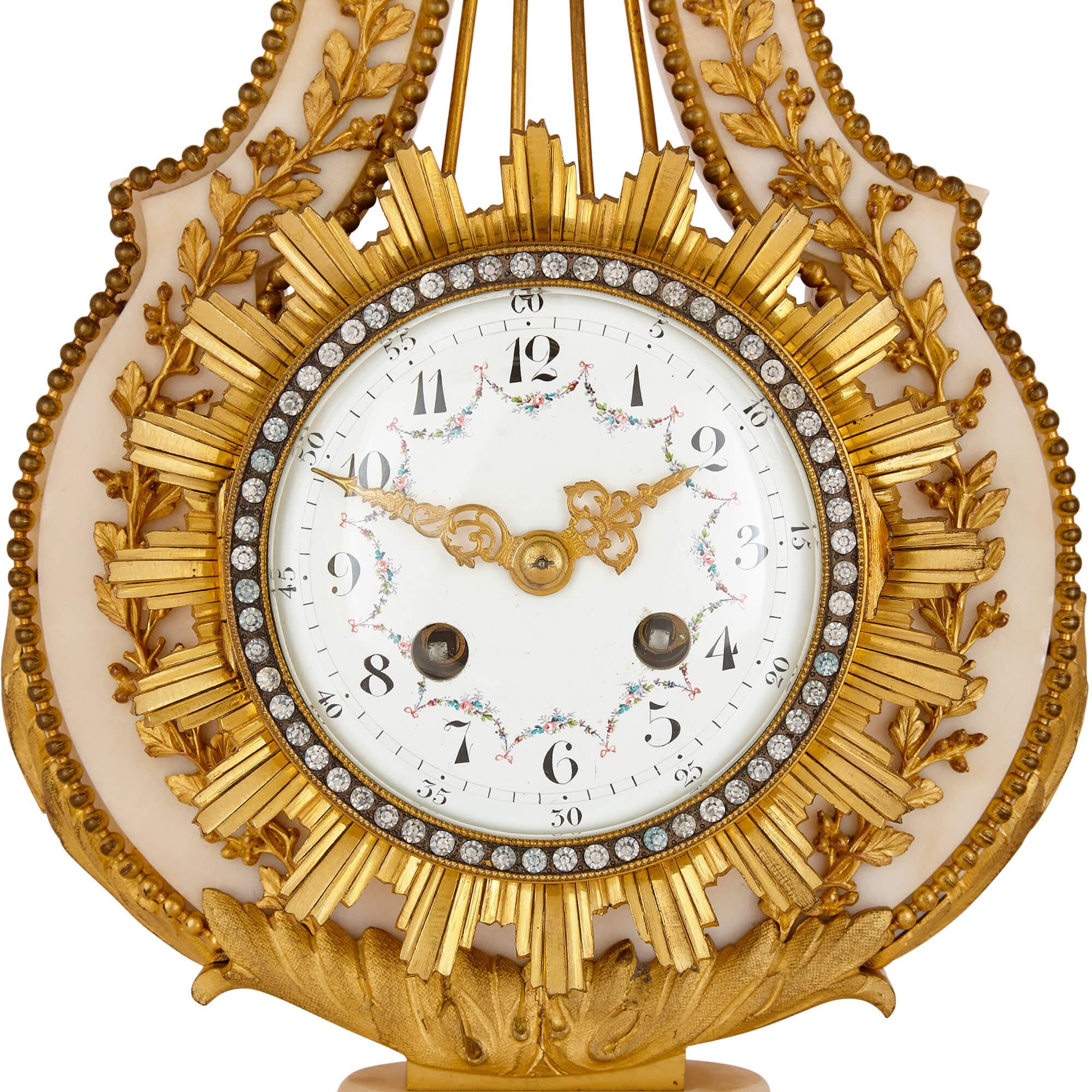 Hand-Carved Antique Marble and Gilt Bronze Clock and Barometer Set  For Sale