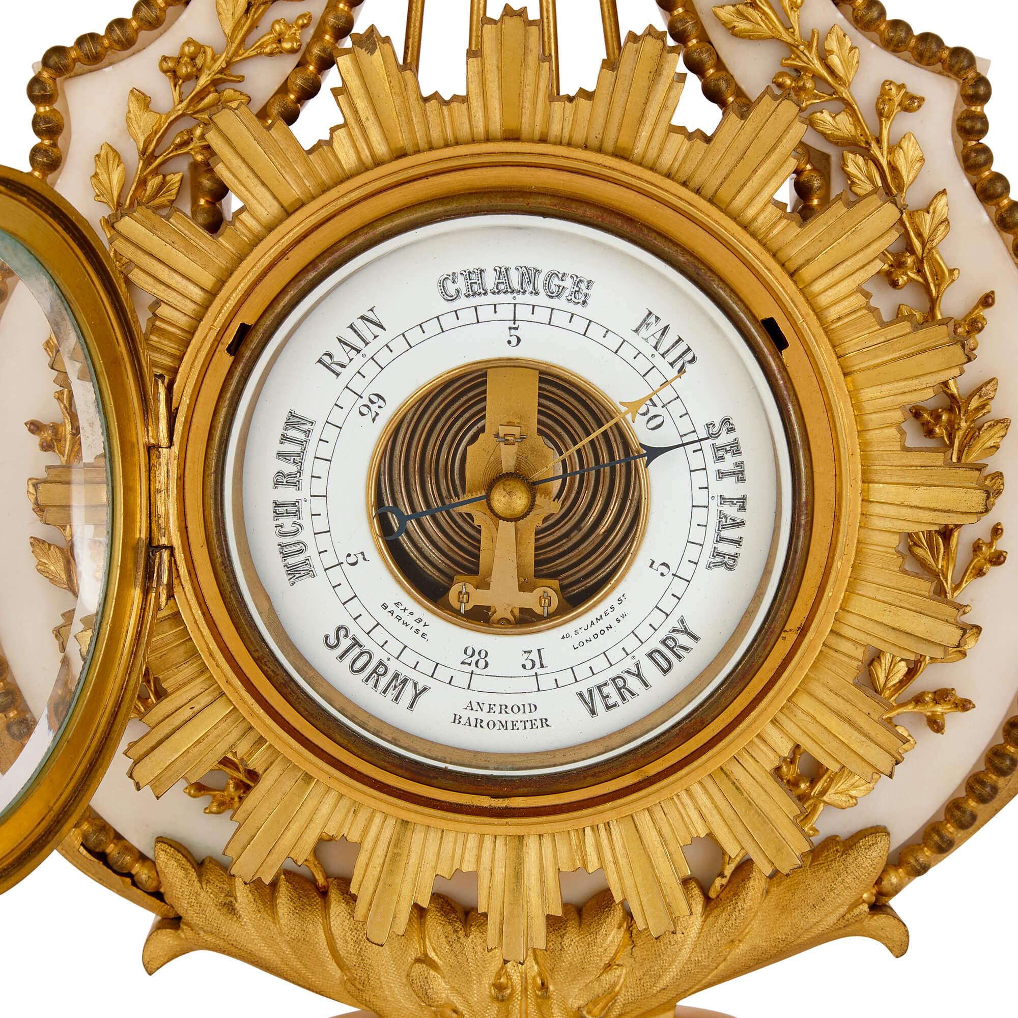 Antike Uhr und Barometer-Set aus Marmor und vergoldeter Bronze  (19. Jahrhundert) im Angebot