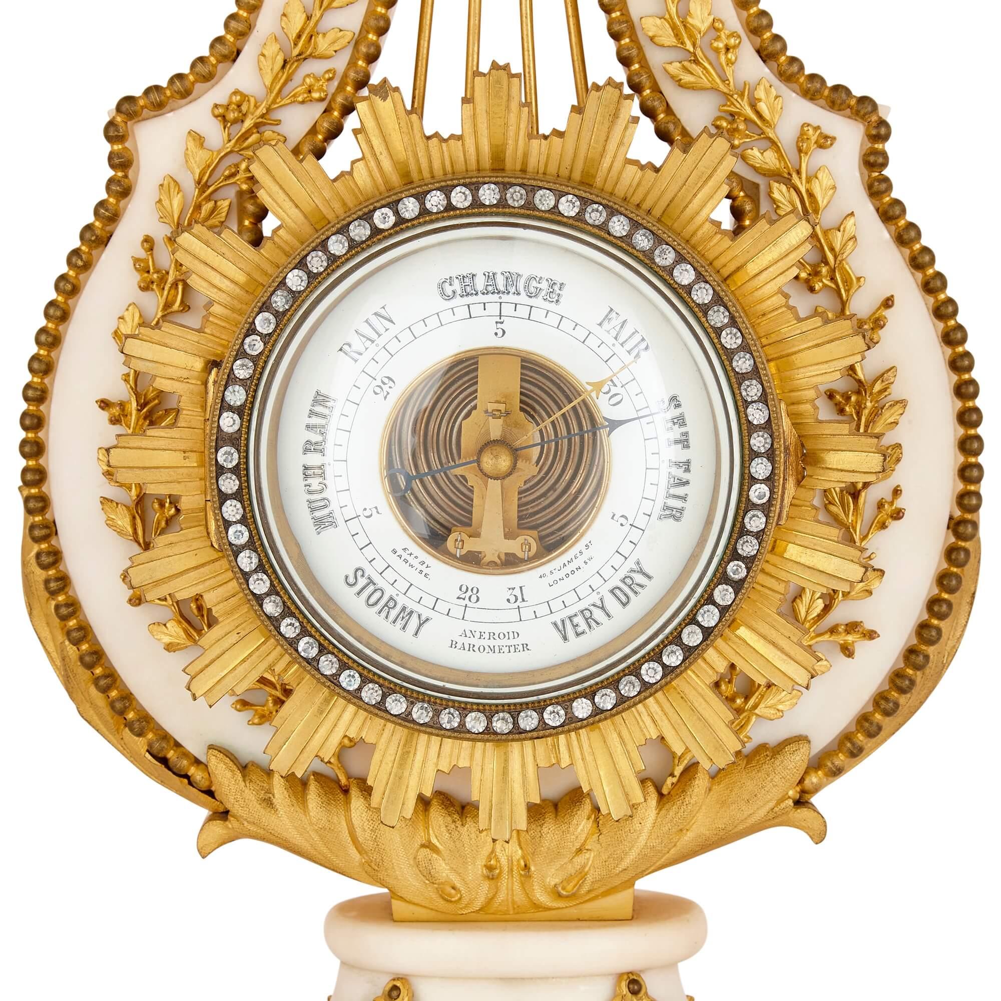 Antike Uhr und Barometer-Set aus Marmor und vergoldeter Bronze  (Emaille) im Angebot