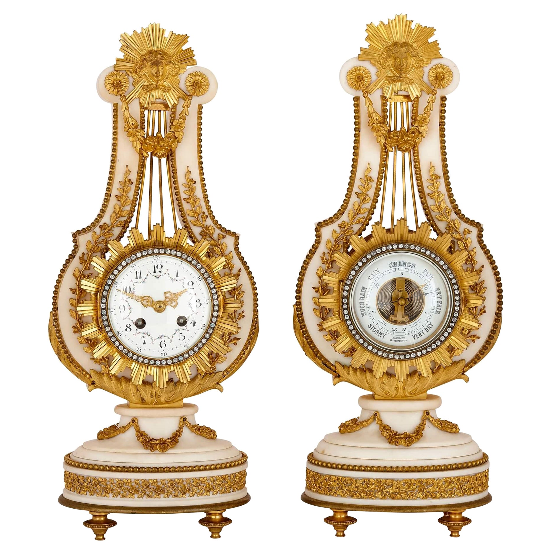 Antico orologio e barometro in marmo e bronzo dorato in vendita