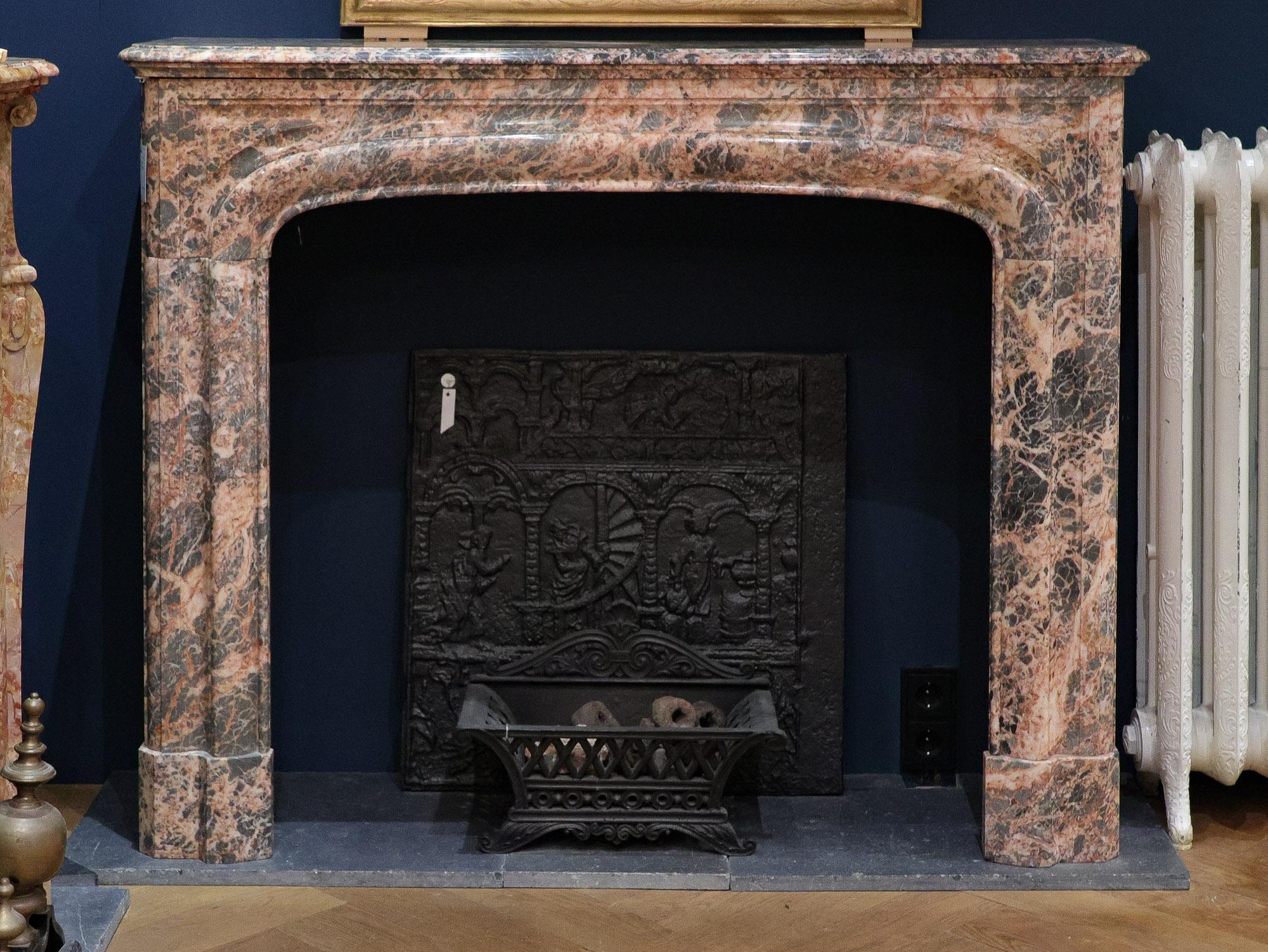 French Antique Marble Boudin Fireplace in Pink and Grey Colors For Sale