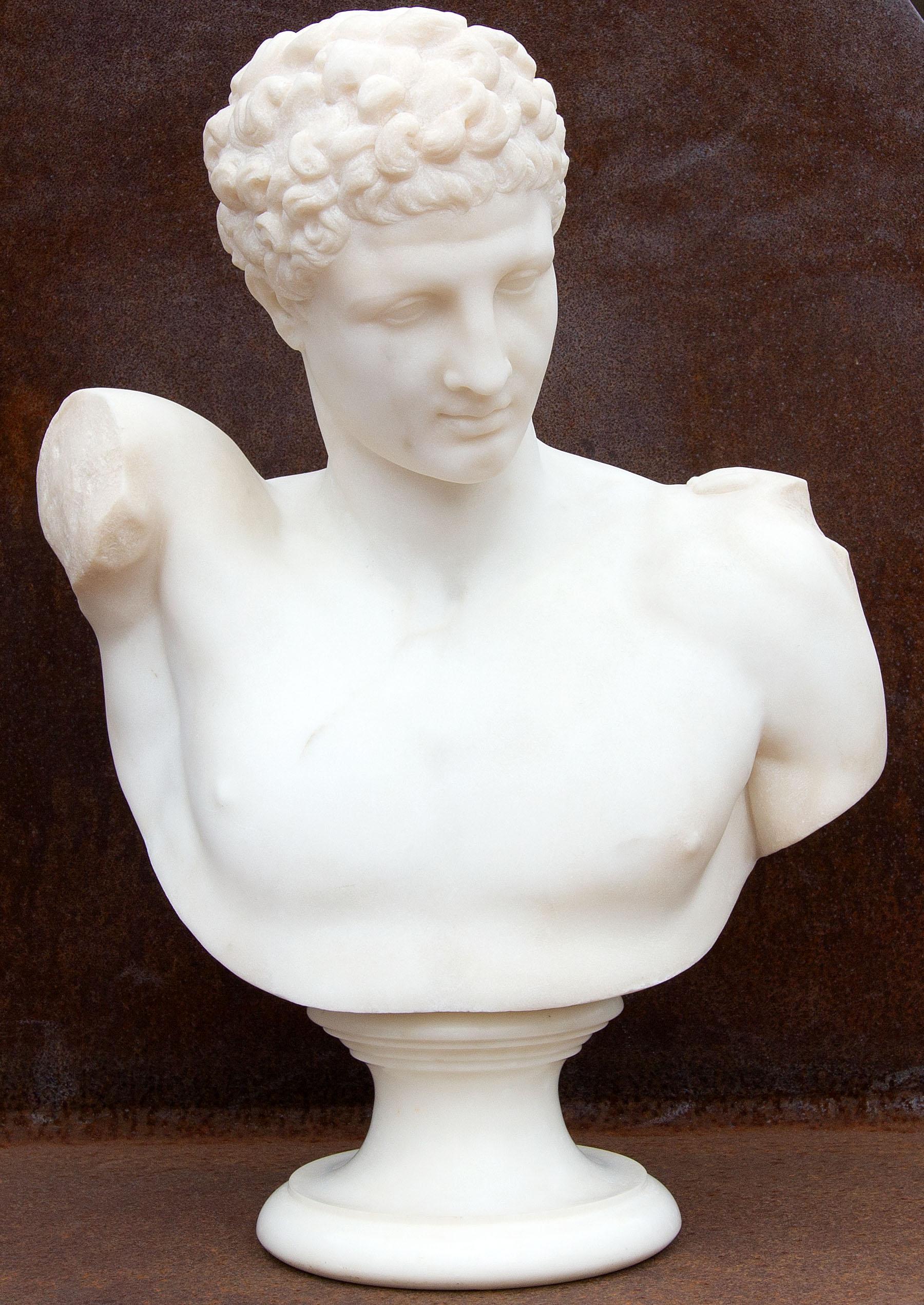 19th century carved marble bust of the Greek god Hermes also known as the Roman god Mercury. An exceptionally fine carving.