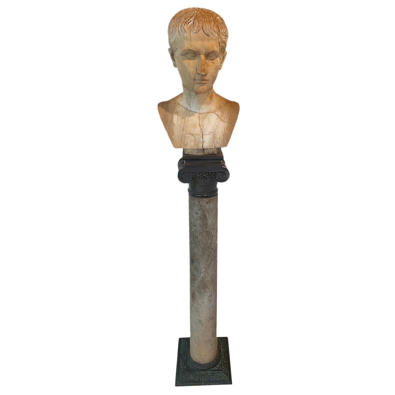 Un busto in marmo scolpito di un giovane Cesare dei primi del XIX secolo, seduto su un'antica base a colonna in marmo e bronzo.

Misure:
Altezza totale 51,5
Lunghezza 10