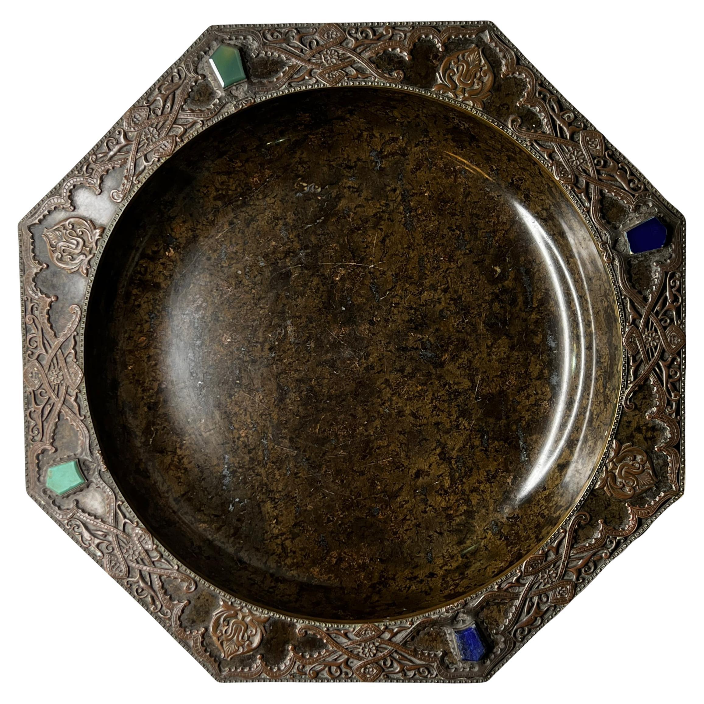Antique Marble Cigar Ashtray with Arabesque Copper Mounts For Sale