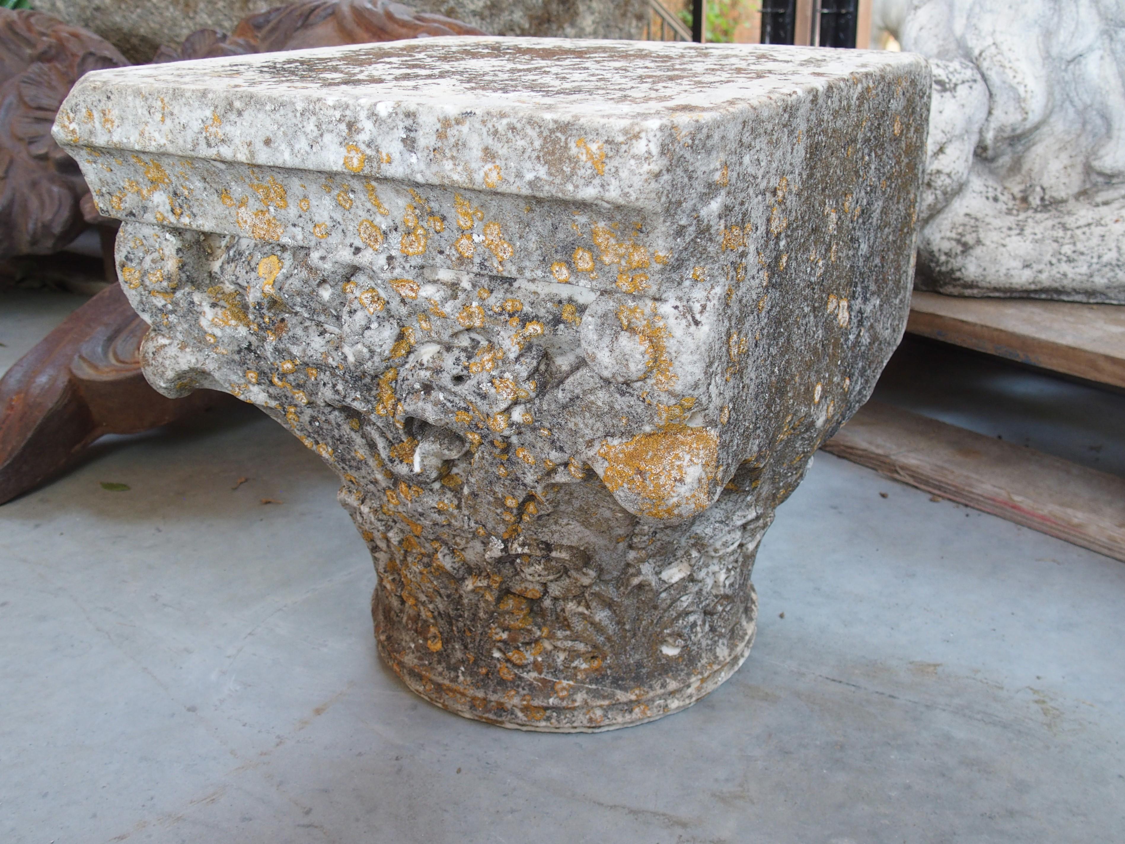 More information coming soon…

From Lourmarin, France, dating to the 1800s, this marble column capital has hand-carved motifs on two sides, indicating that it was originally a corner architectural. The cream colored marble, which has accents of