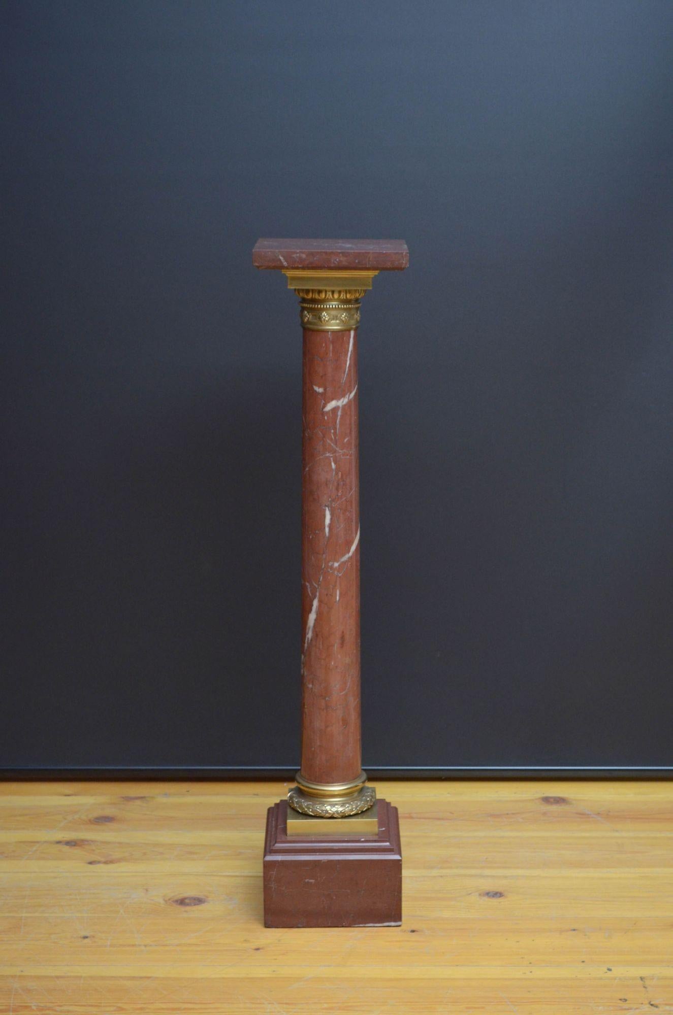 Sn5418 Very attractive antique rouge marble column, having brass collar to the top decorated with flowers and egg and dart design and decorative collar to the base with laurel leaf decoration. All in home ready condition. c1880
H44