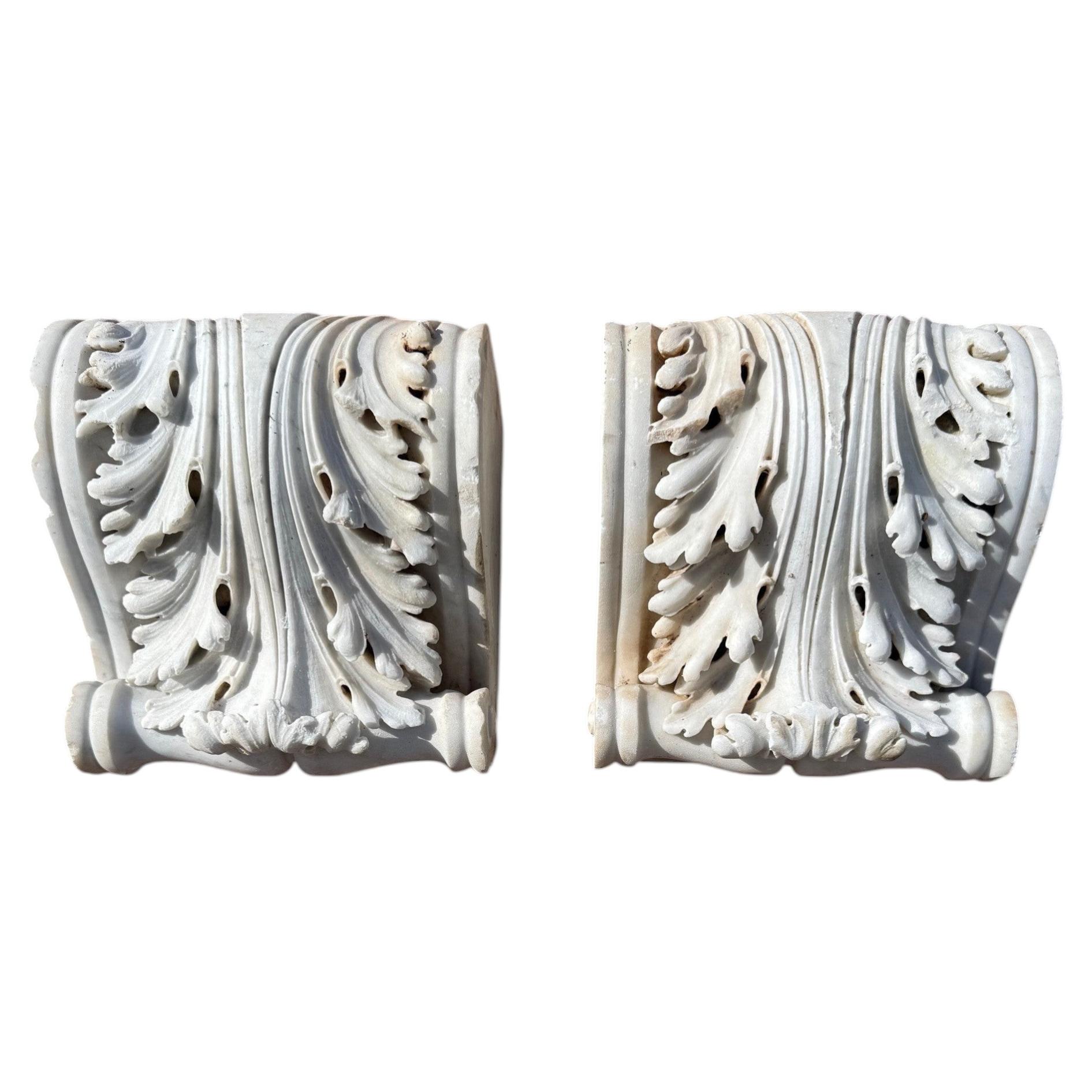 Antique Marble Corbels, Hand-Carved Acanthus Leaf Design, Circa 1920s